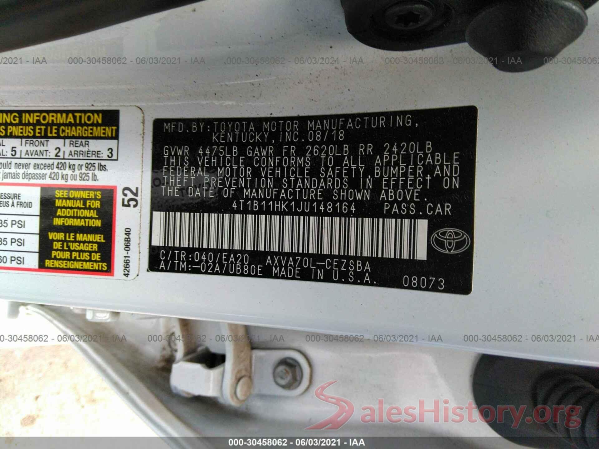 4T1B11HK1JU148164 2018 TOYOTA CAMRY