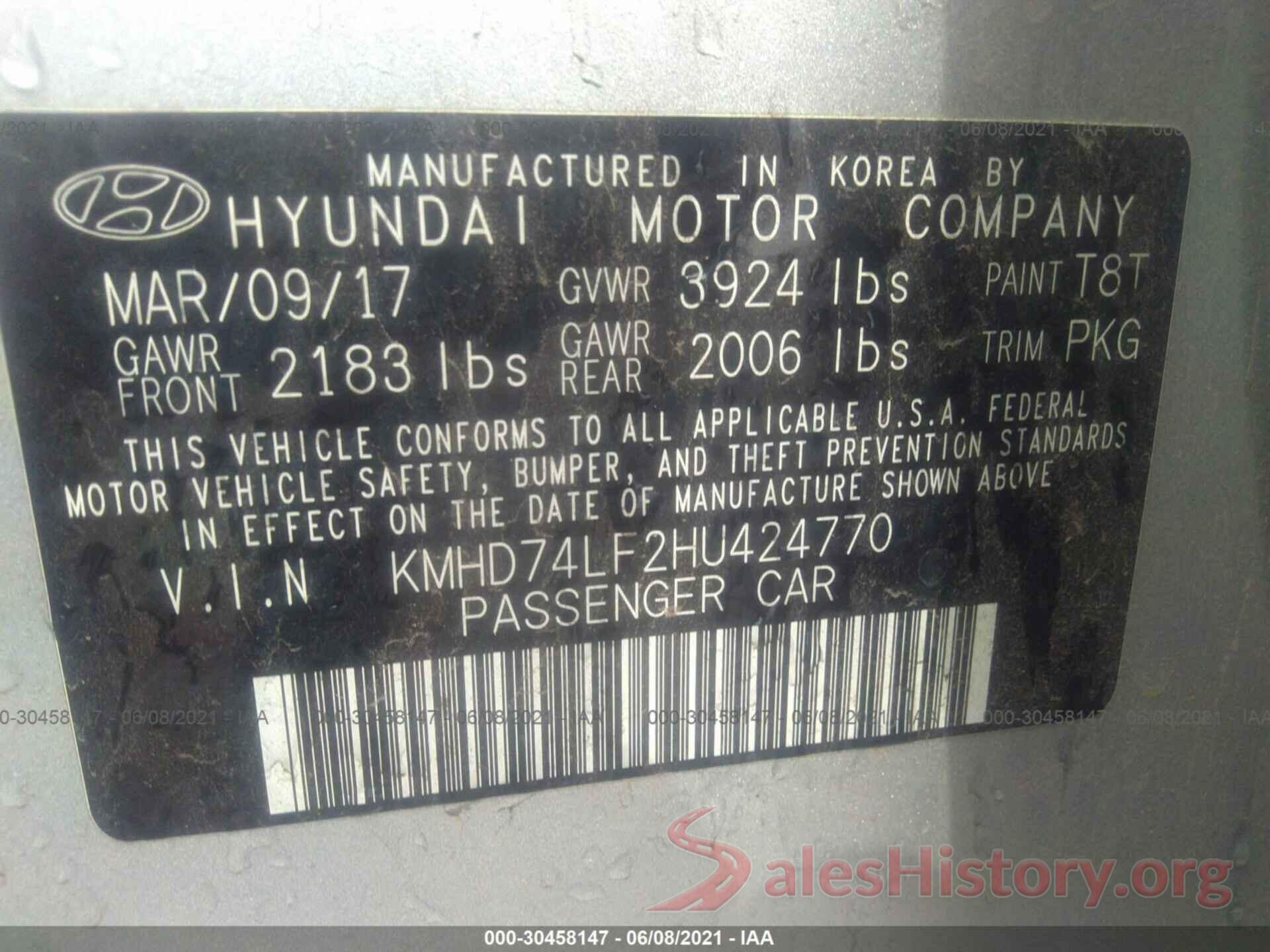 KMHD74LF2HU424770 2017 HYUNDAI ELANTRA