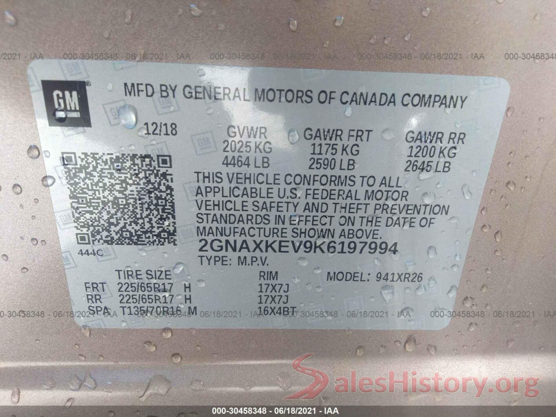 2GNAXKEV9K6197994 2019 CHEVROLET EQUINOX