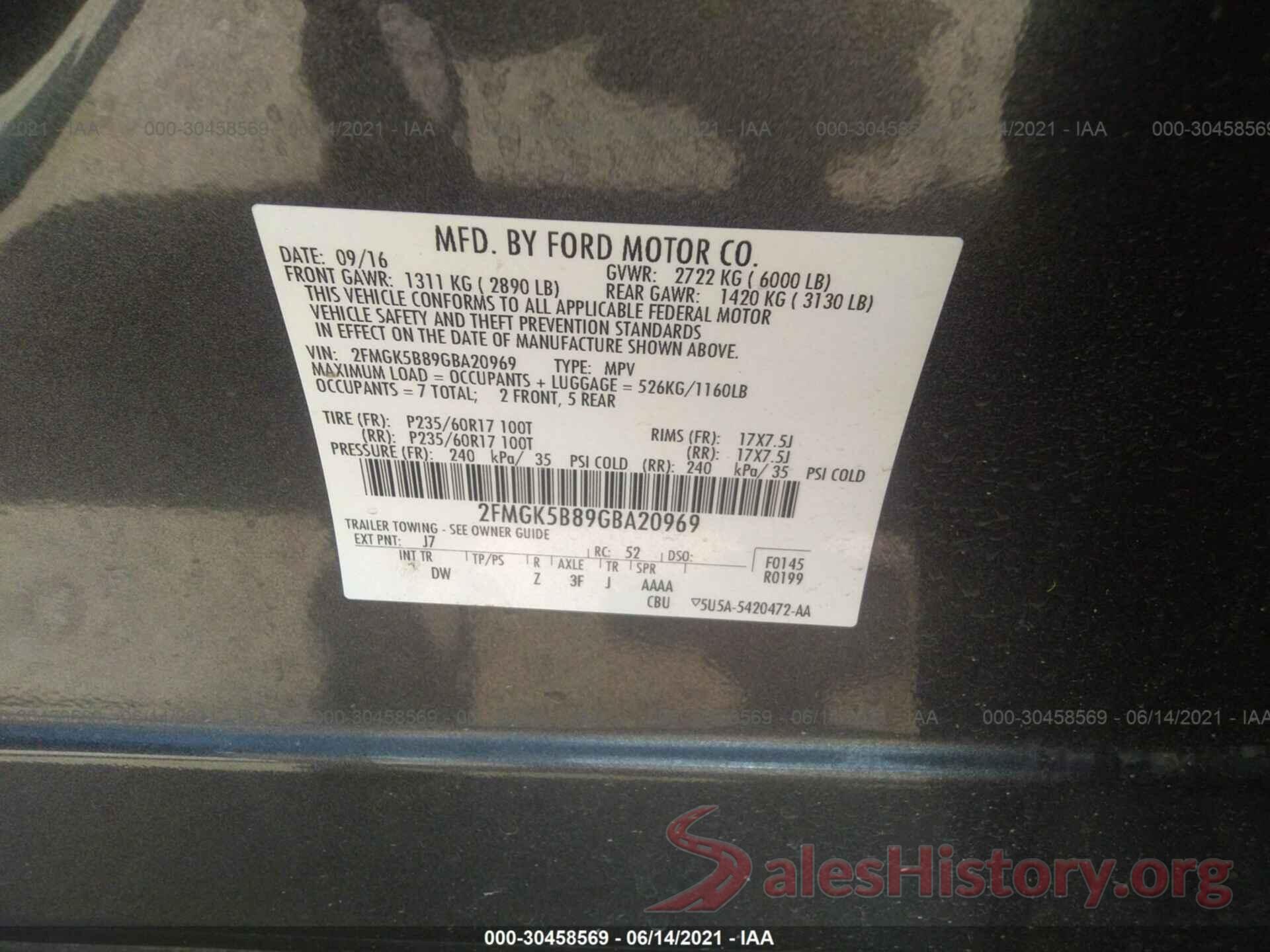 2FMGK5B89GBA20969 2016 FORD FLEX