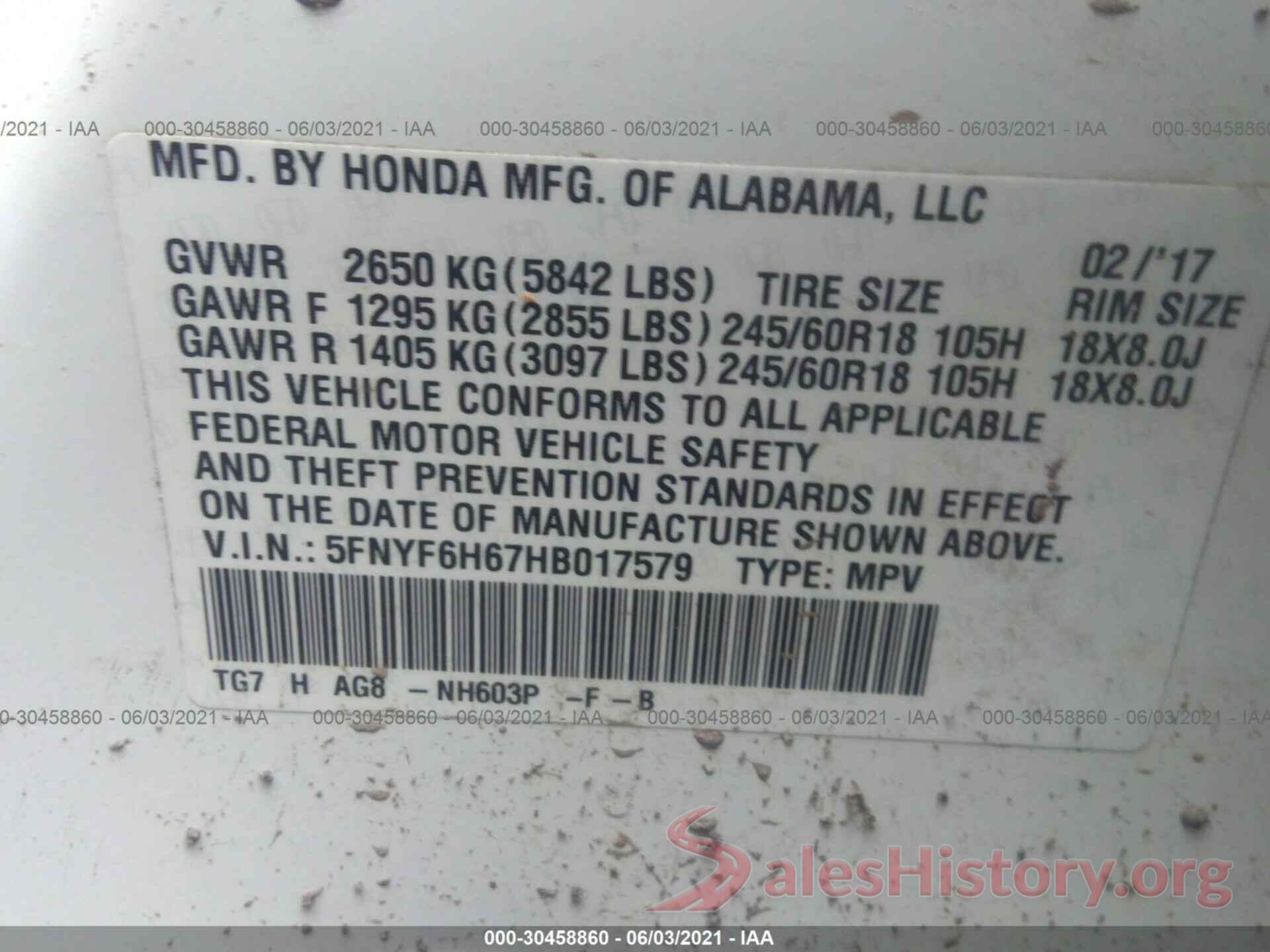 5FNYF6H67HB017579 2017 HONDA PILOT