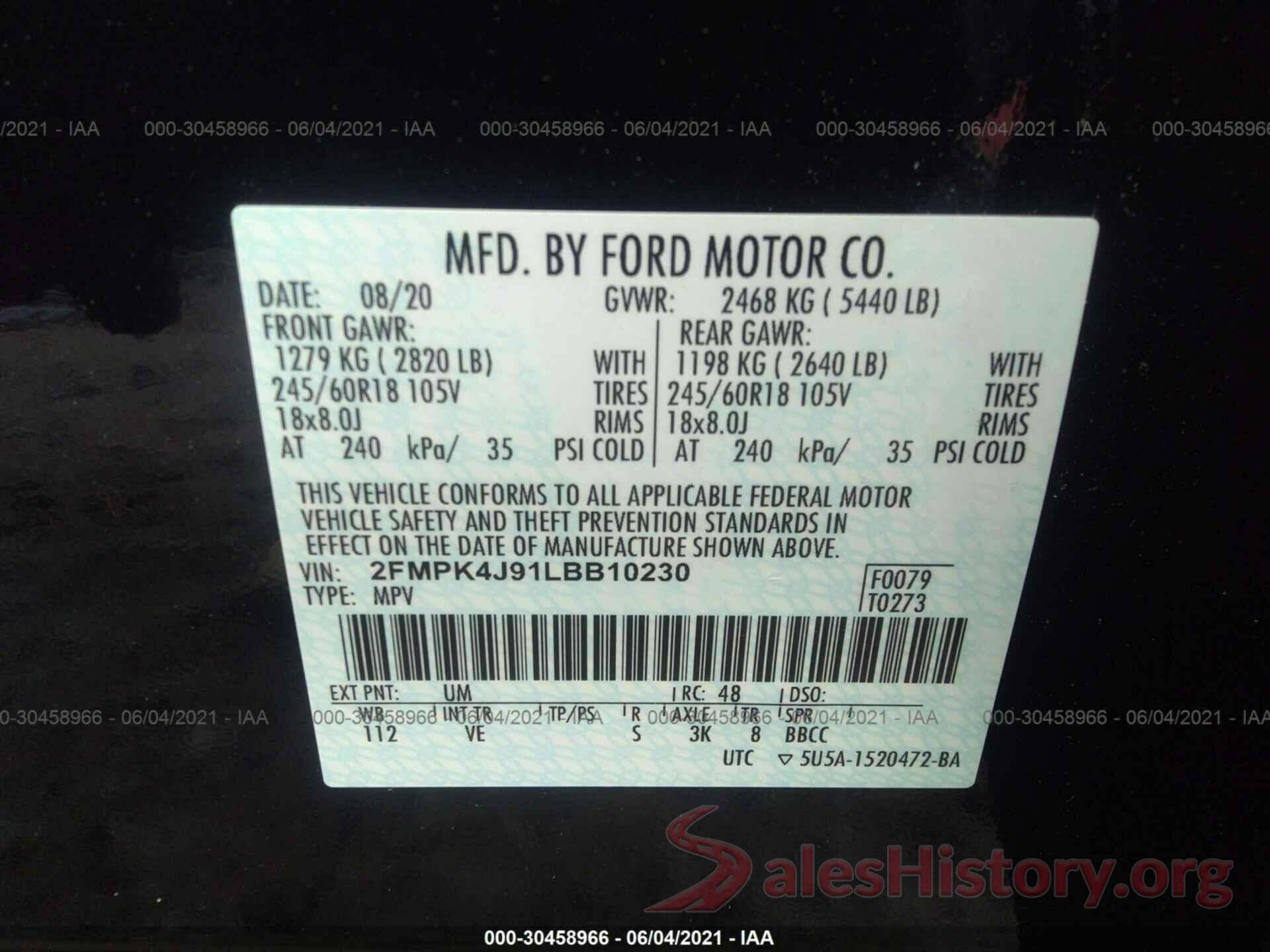 2FMPK4J91LBB10230 2020 FORD EDGE