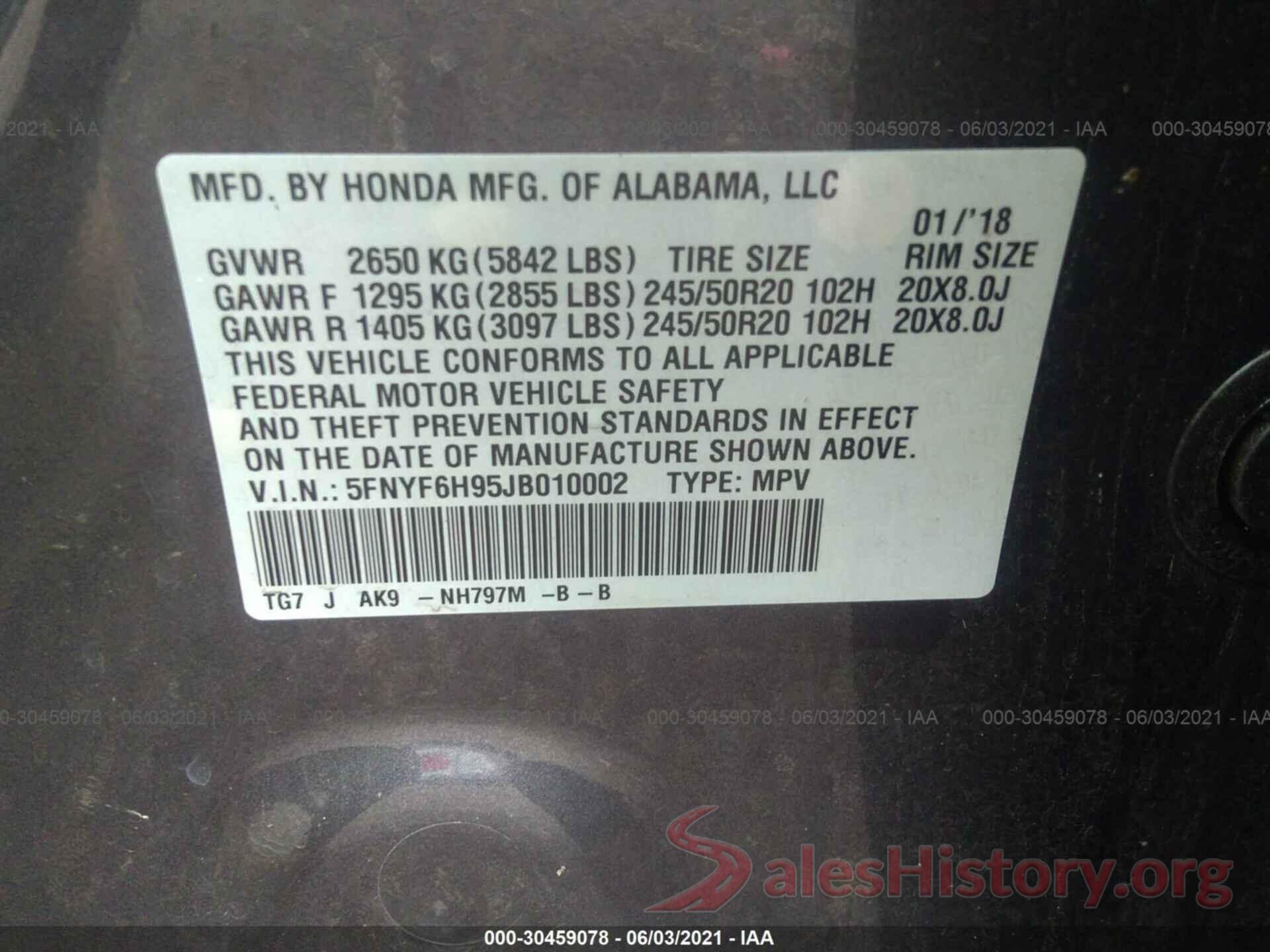 5FNYF6H95JB010002 2018 HONDA PILOT