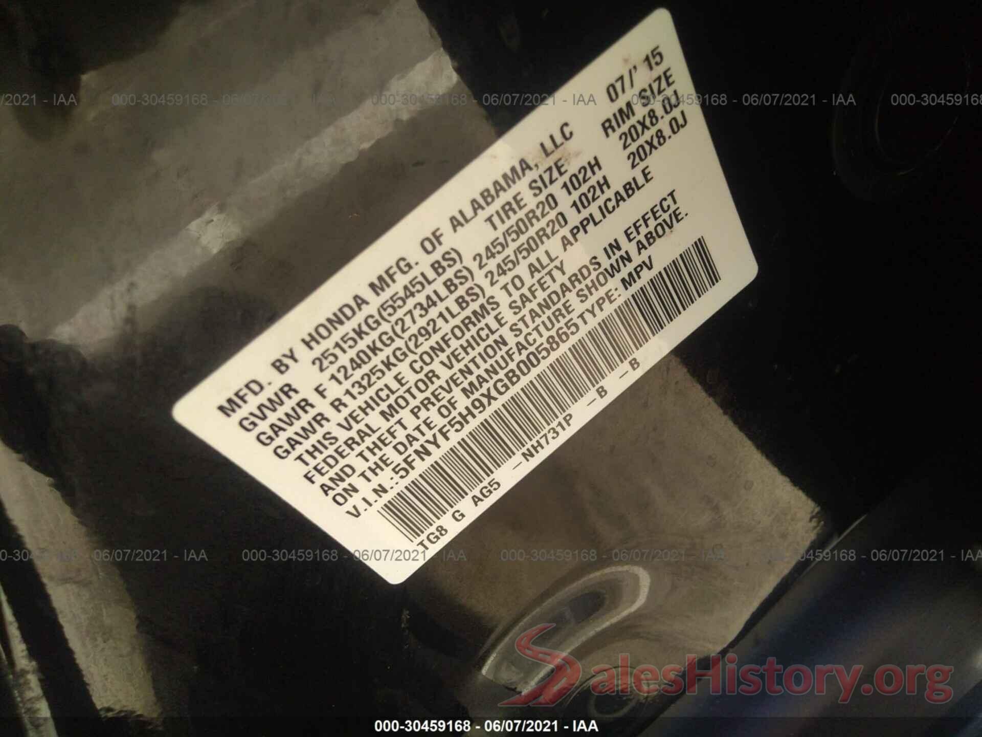 5FNYF5H9XGB005865 2016 HONDA PILOT