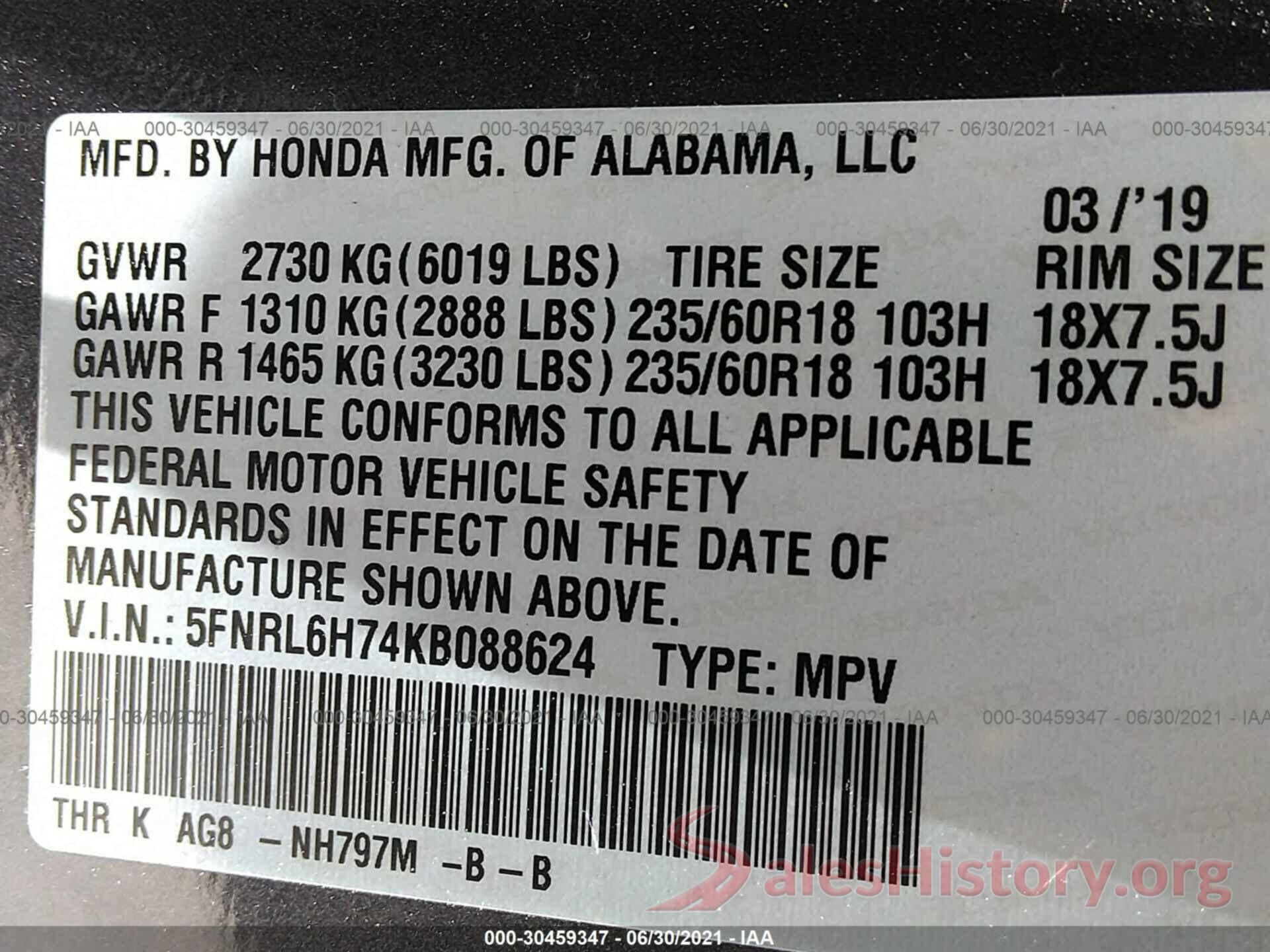 5FNRL6H74KB088624 2019 HONDA ODYSSEY