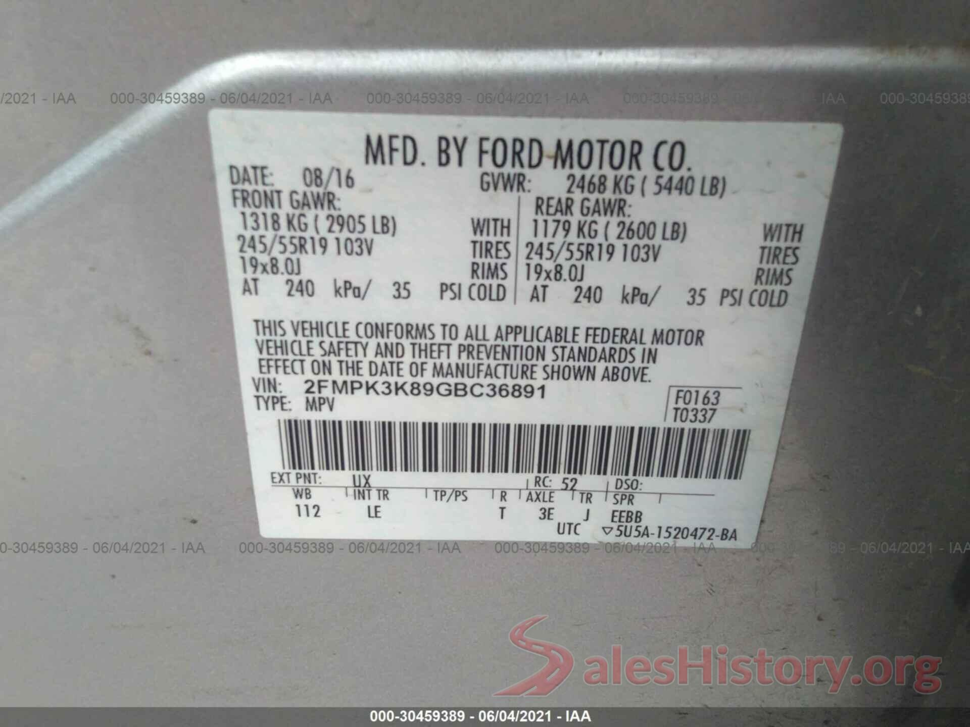 2FMPK3K89GBC36891 2016 FORD EDGE