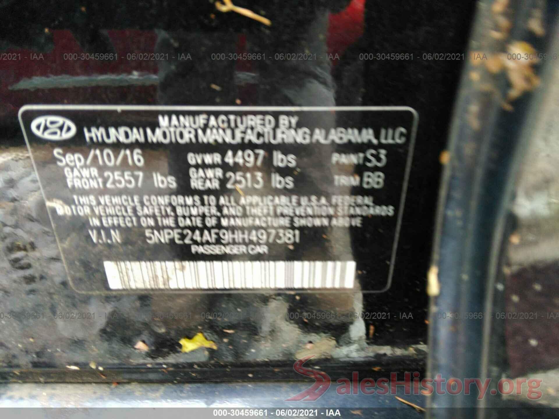 5NPE24AF9HH497381 2017 HYUNDAI SONATA