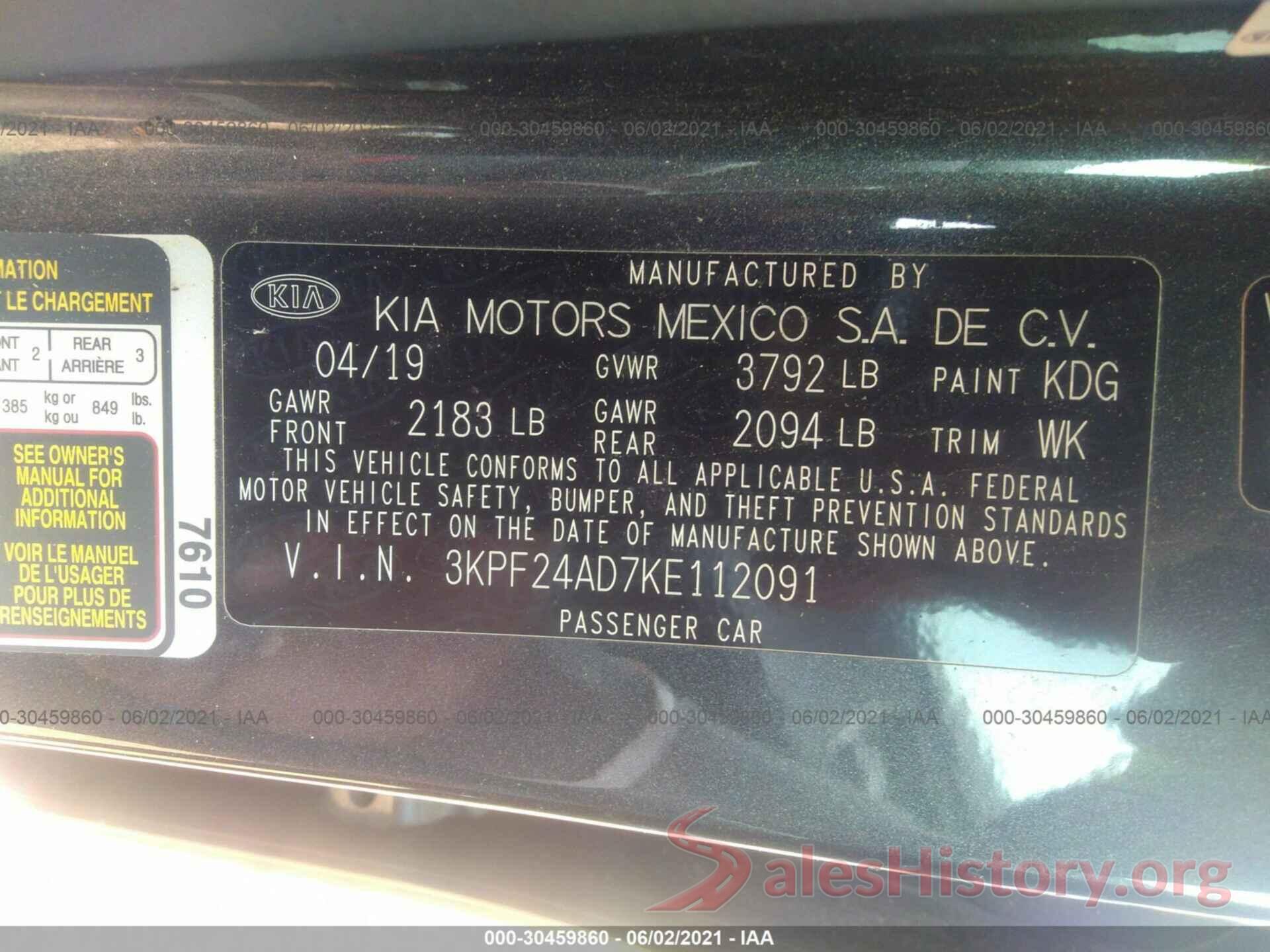 3KPF24AD7KE112091 2019 KIA FORTE