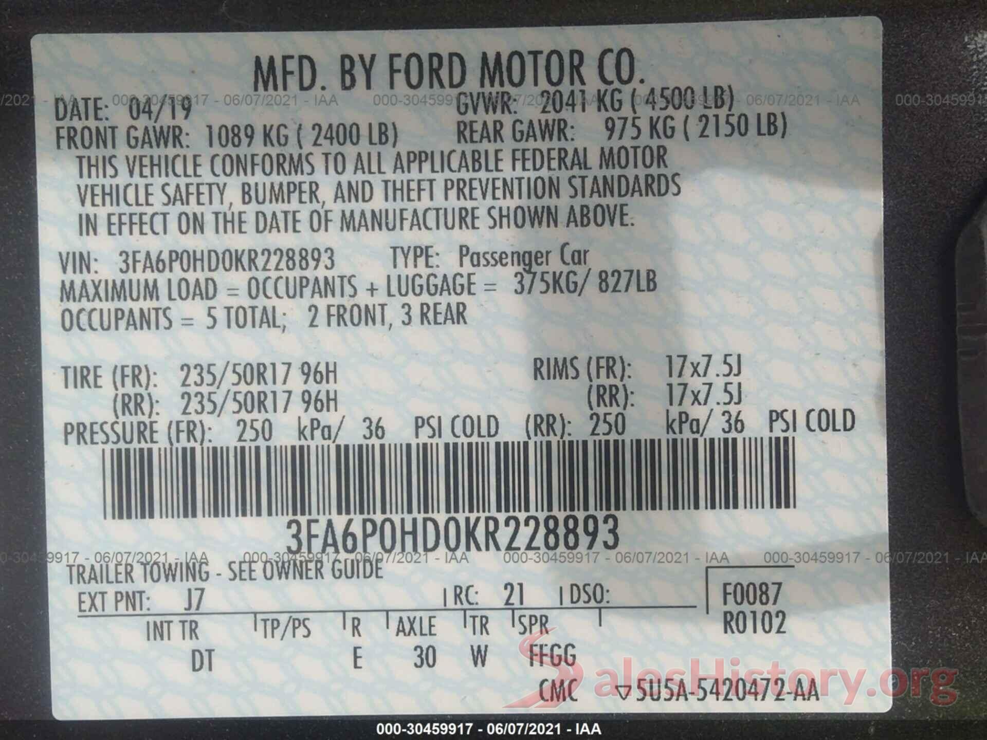 3FA6P0HD0KR228893 2019 FORD FUSION