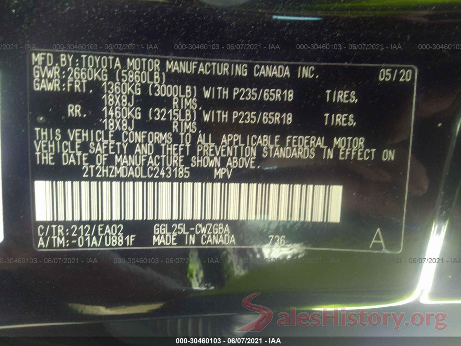 2T2HZMDA0LC243185 2020 LEXUS RX