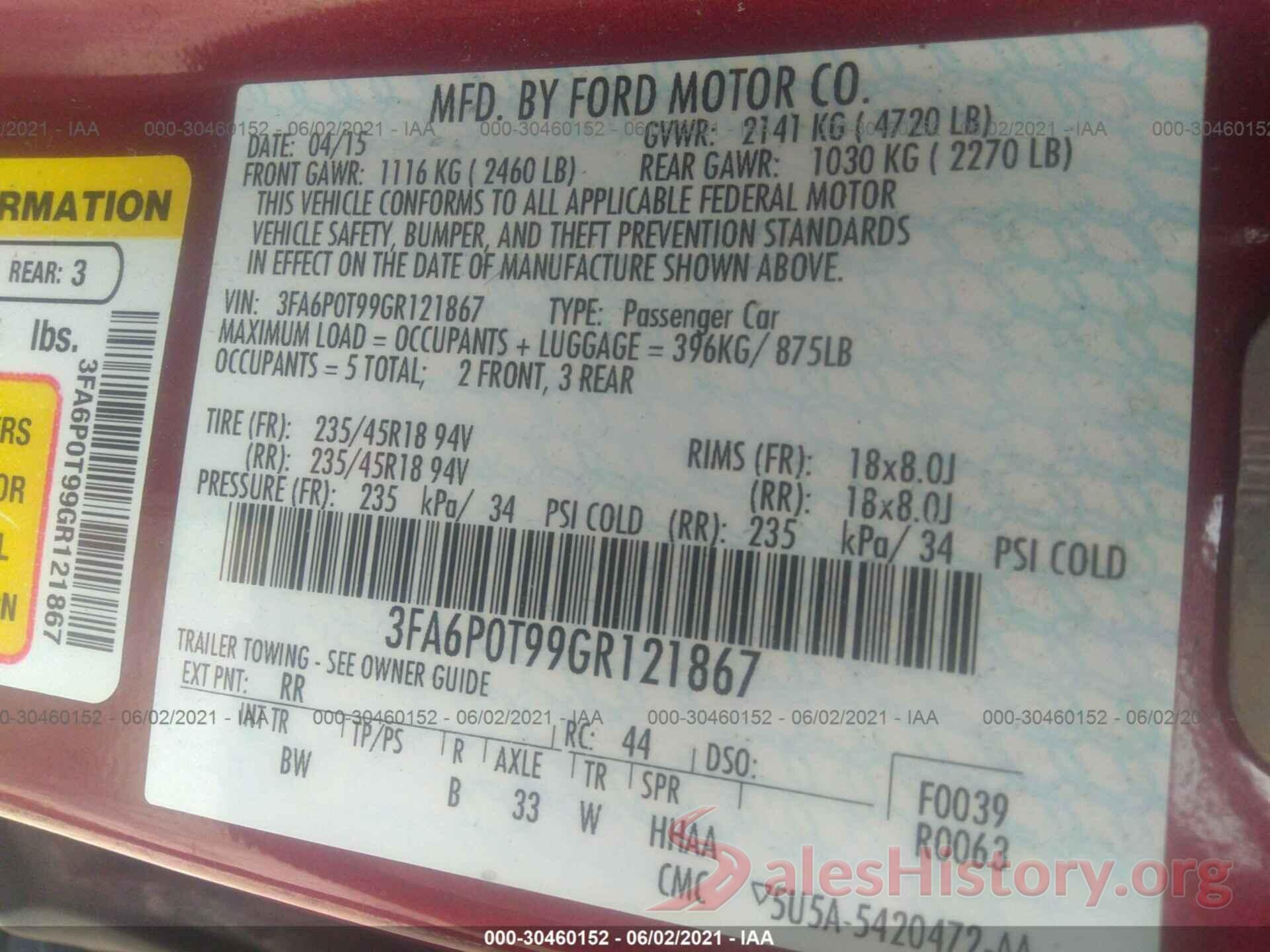 3FA6P0T99GR121867 2016 FORD FUSION