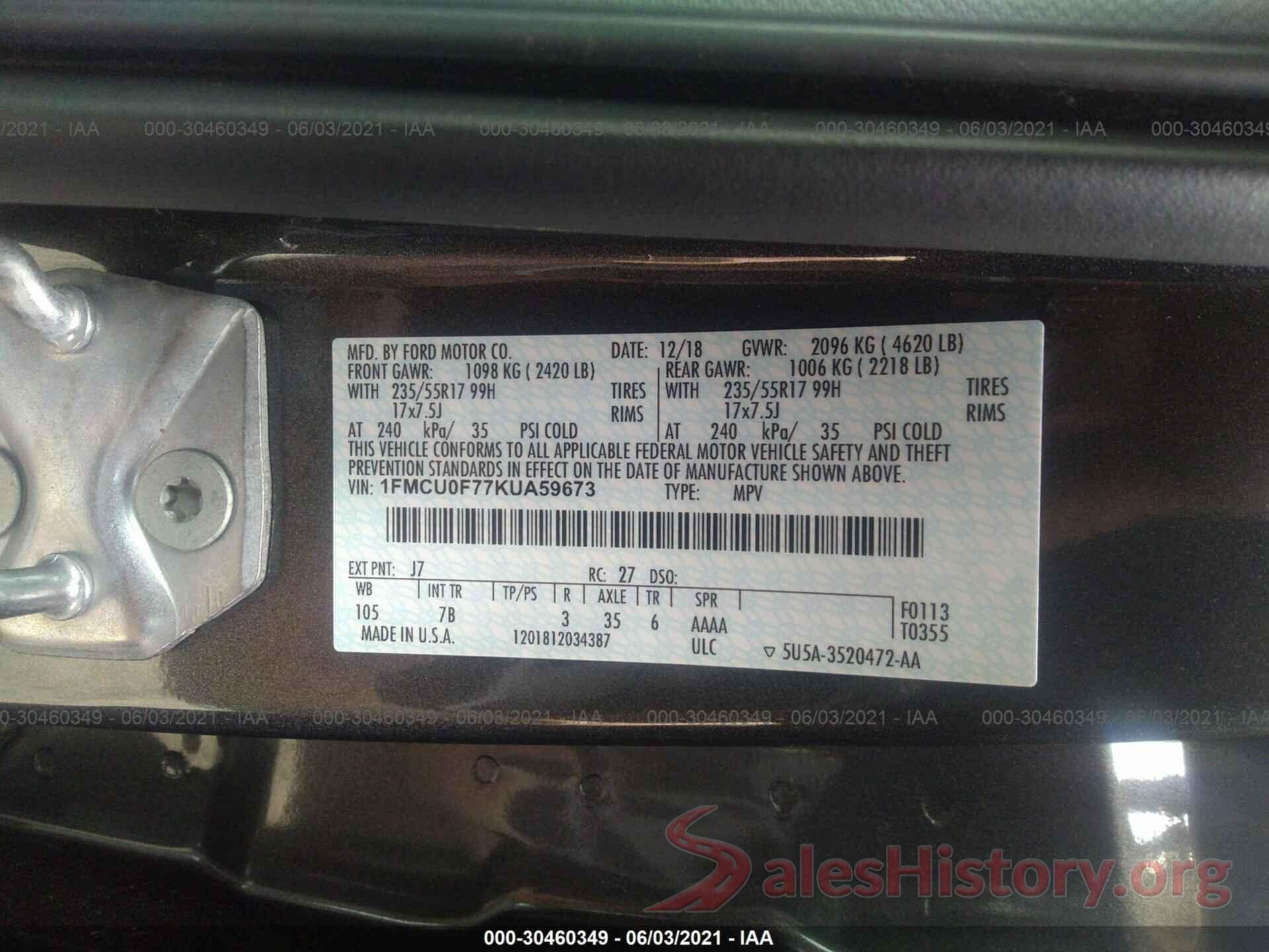 1FMCU0F77KUA59673 2019 FORD ESCAPE