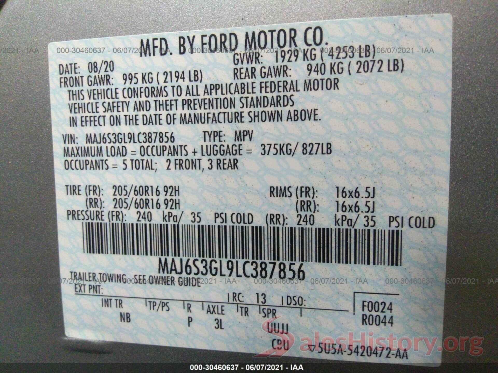 MAJ6S3GL9LC387856 2020 FORD ECOSPORT