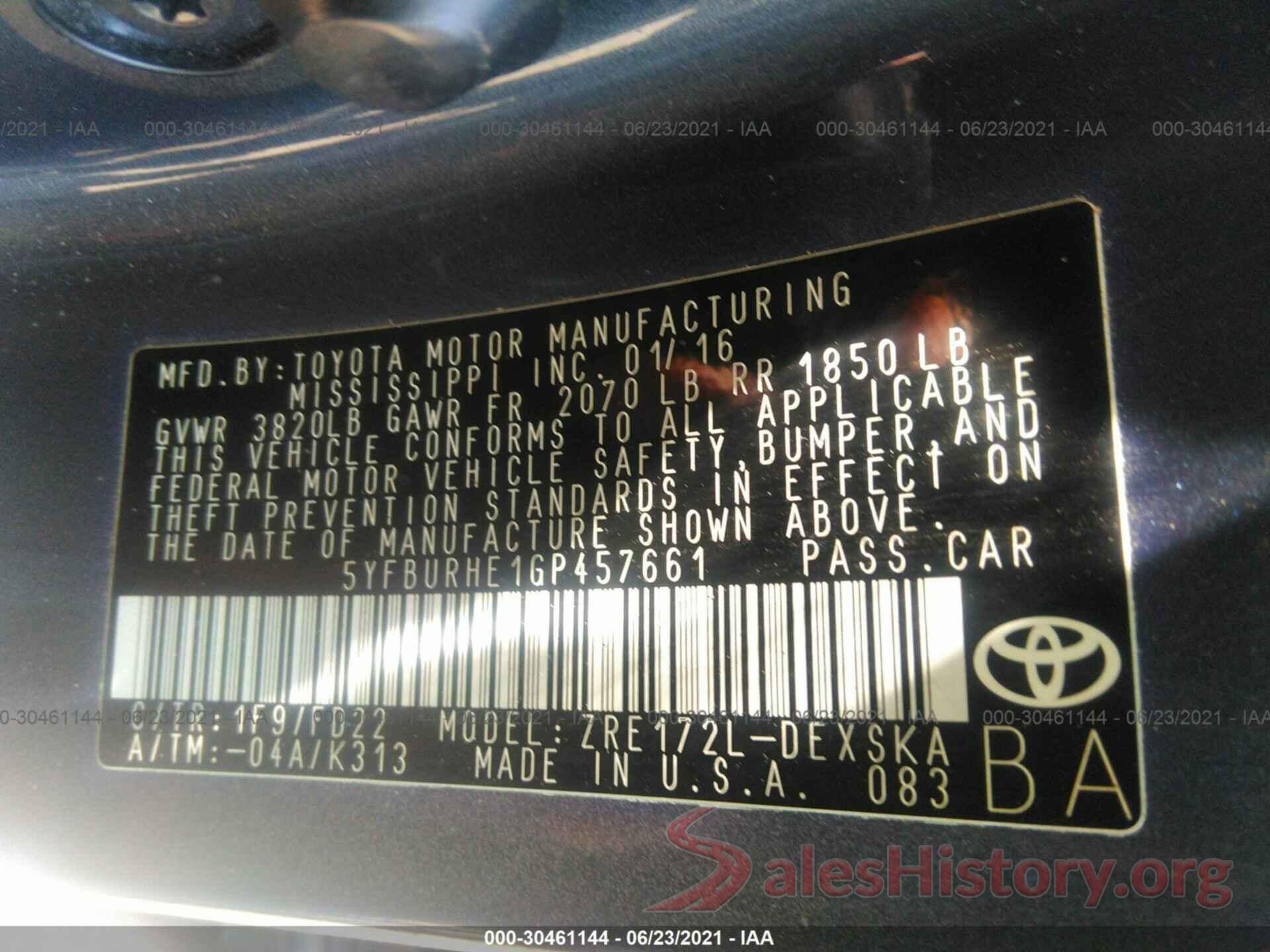 5YFBURHE1GP457661 2016 TOYOTA COROLLA