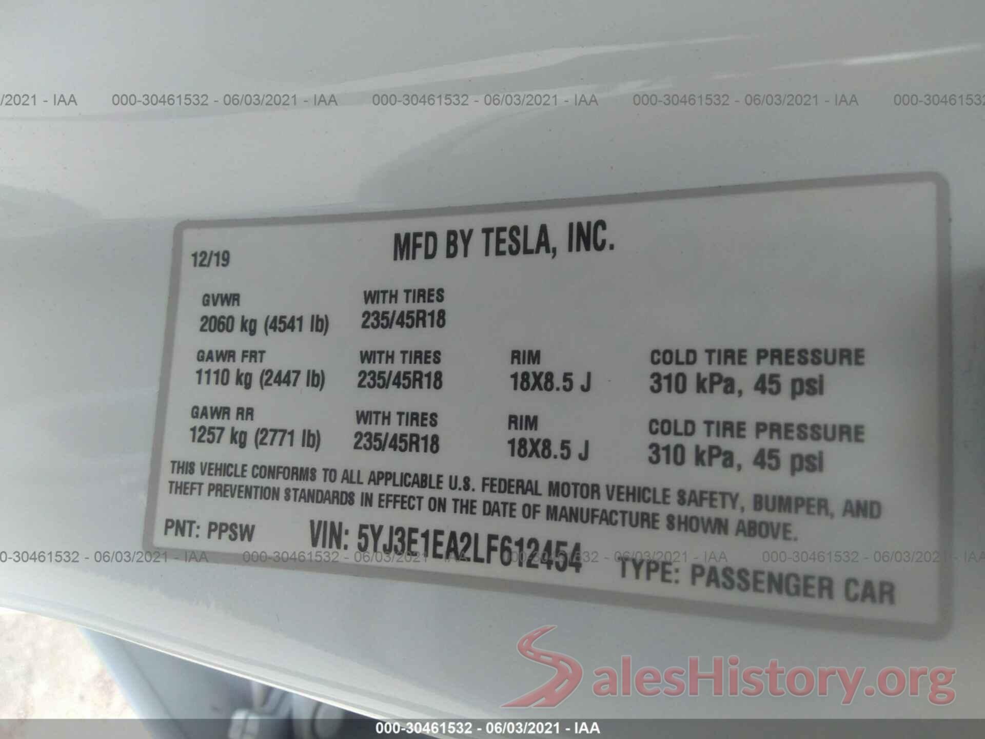 5YJ3E1EA2LF612454 2020 TESLA MODEL 3