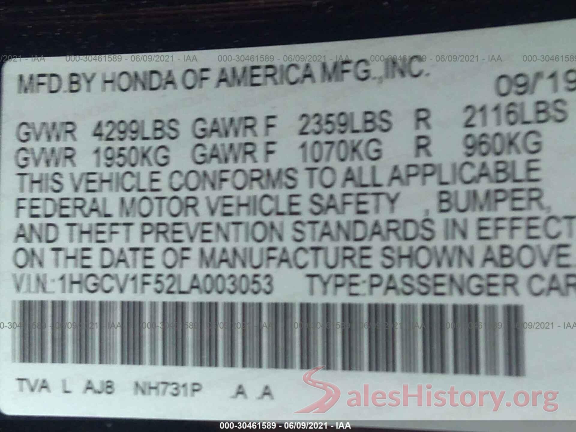 1HGCV1F52LA003053 2020 HONDA ACCORD SEDAN