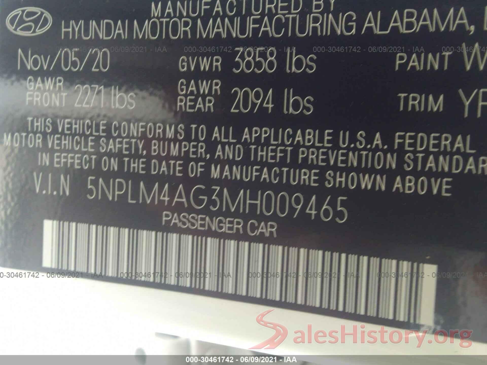 5NPLM4AG3MH009465 2021 HYUNDAI ELANTRA