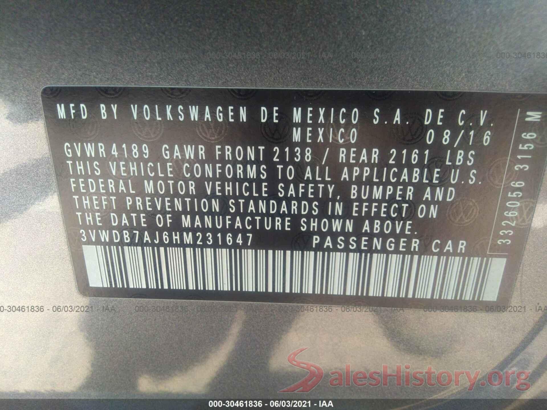 3VWDB7AJ6HM231647 2017 VOLKSWAGEN JETTA