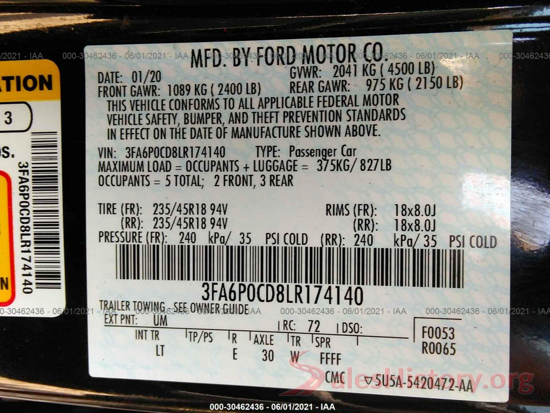 3FA6P0CD8LR174140 2020 FORD FUSION