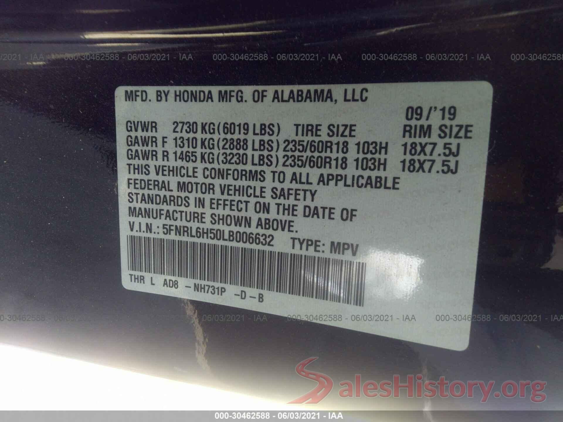 5FNRL6H50LB006632 2020 HONDA ODYSSEY