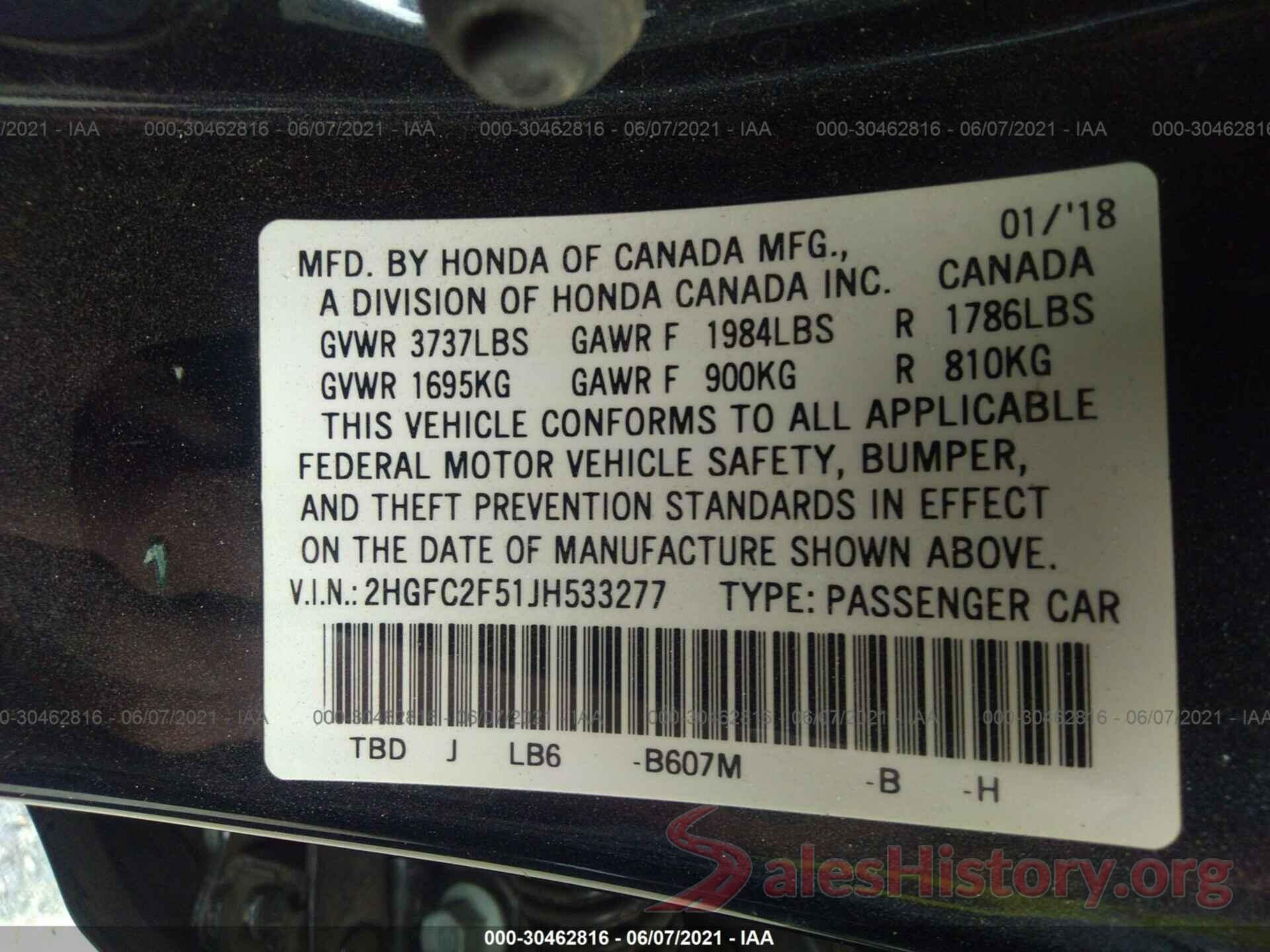 2HGFC2F51JH533277 2018 HONDA CIVIC SEDAN