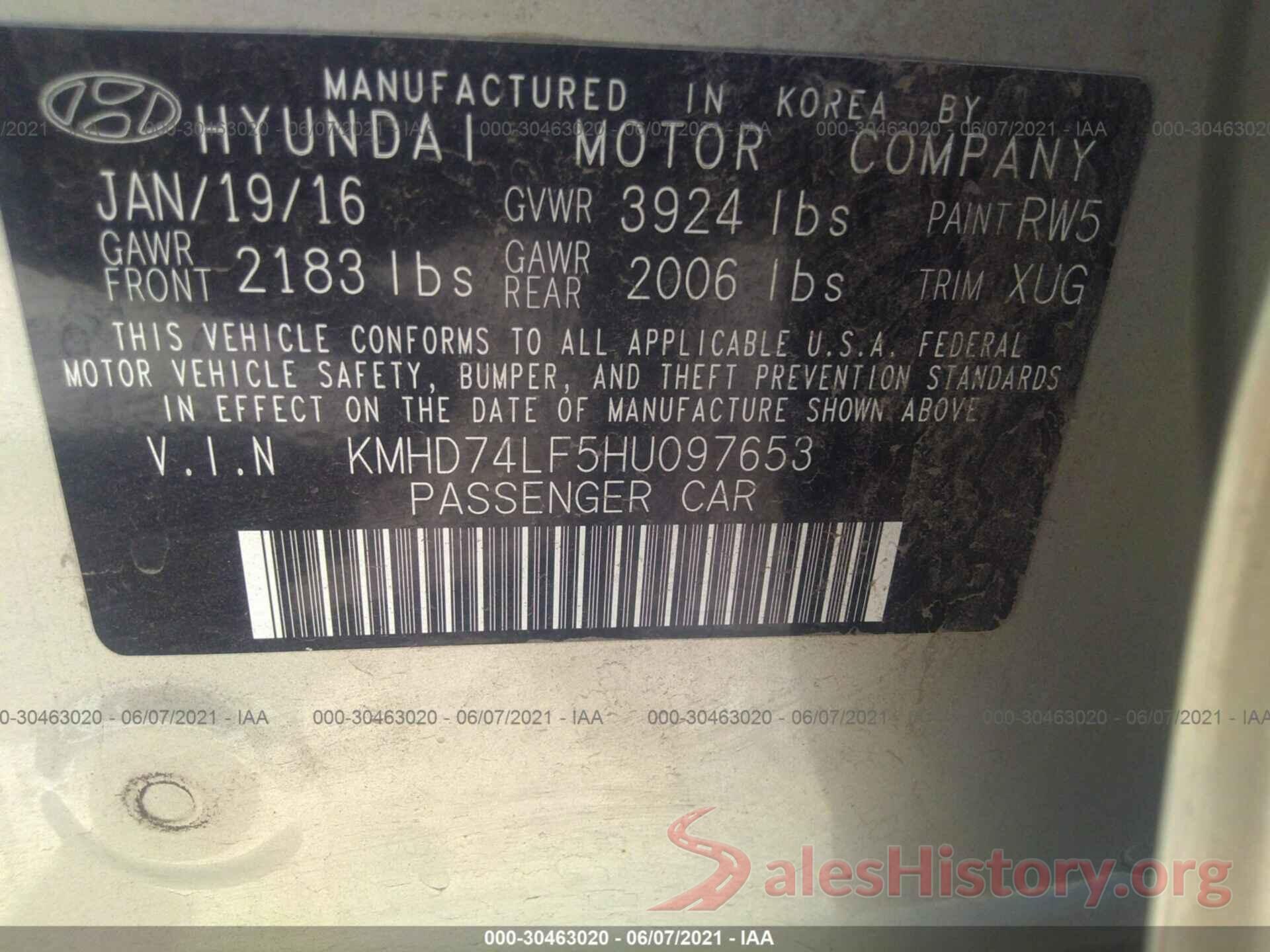 KMHD74LF5HU097653 2017 HYUNDAI ELANTRA