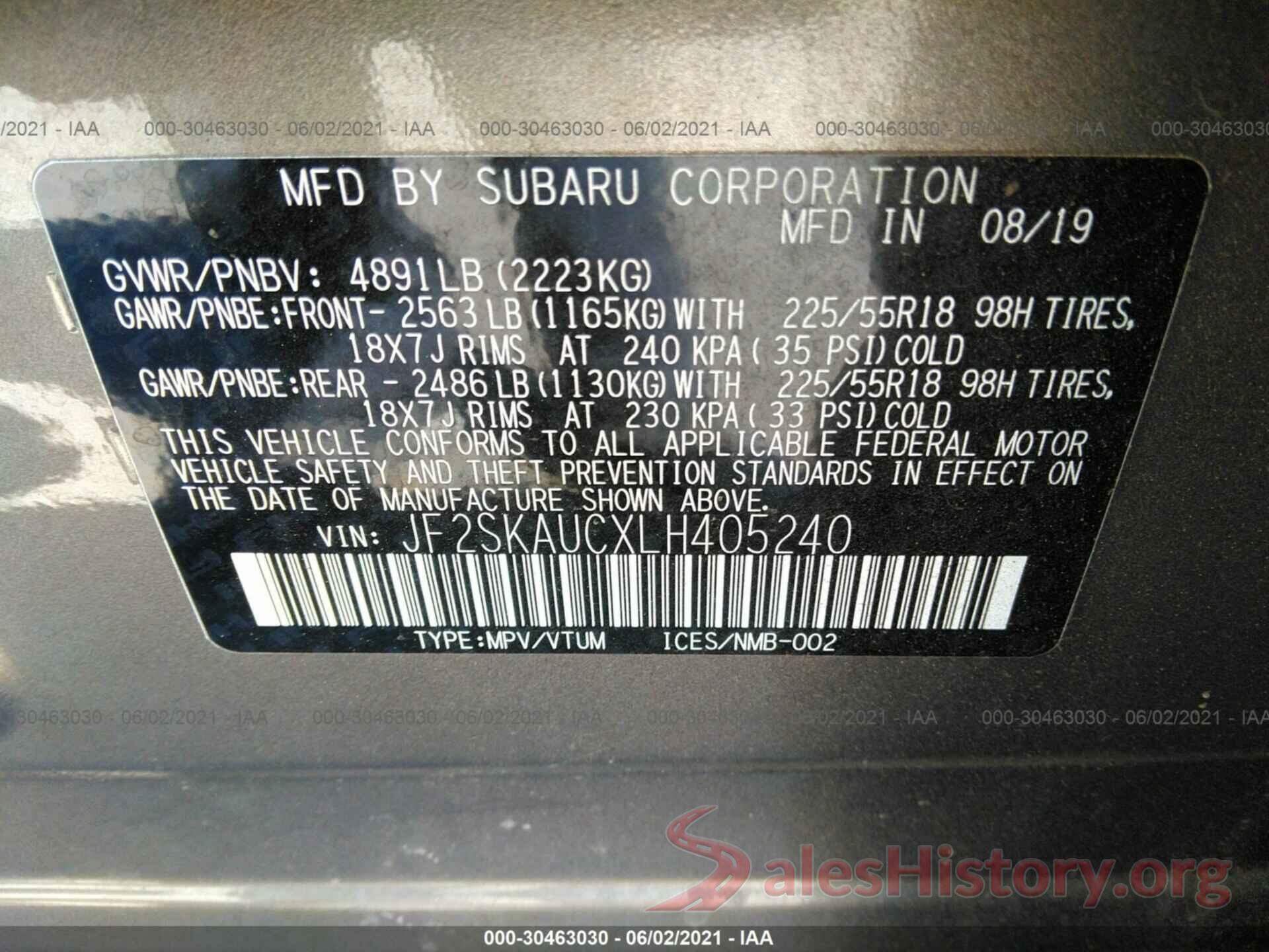 JF2SKAUCXLH405240 2020 SUBARU FORESTER