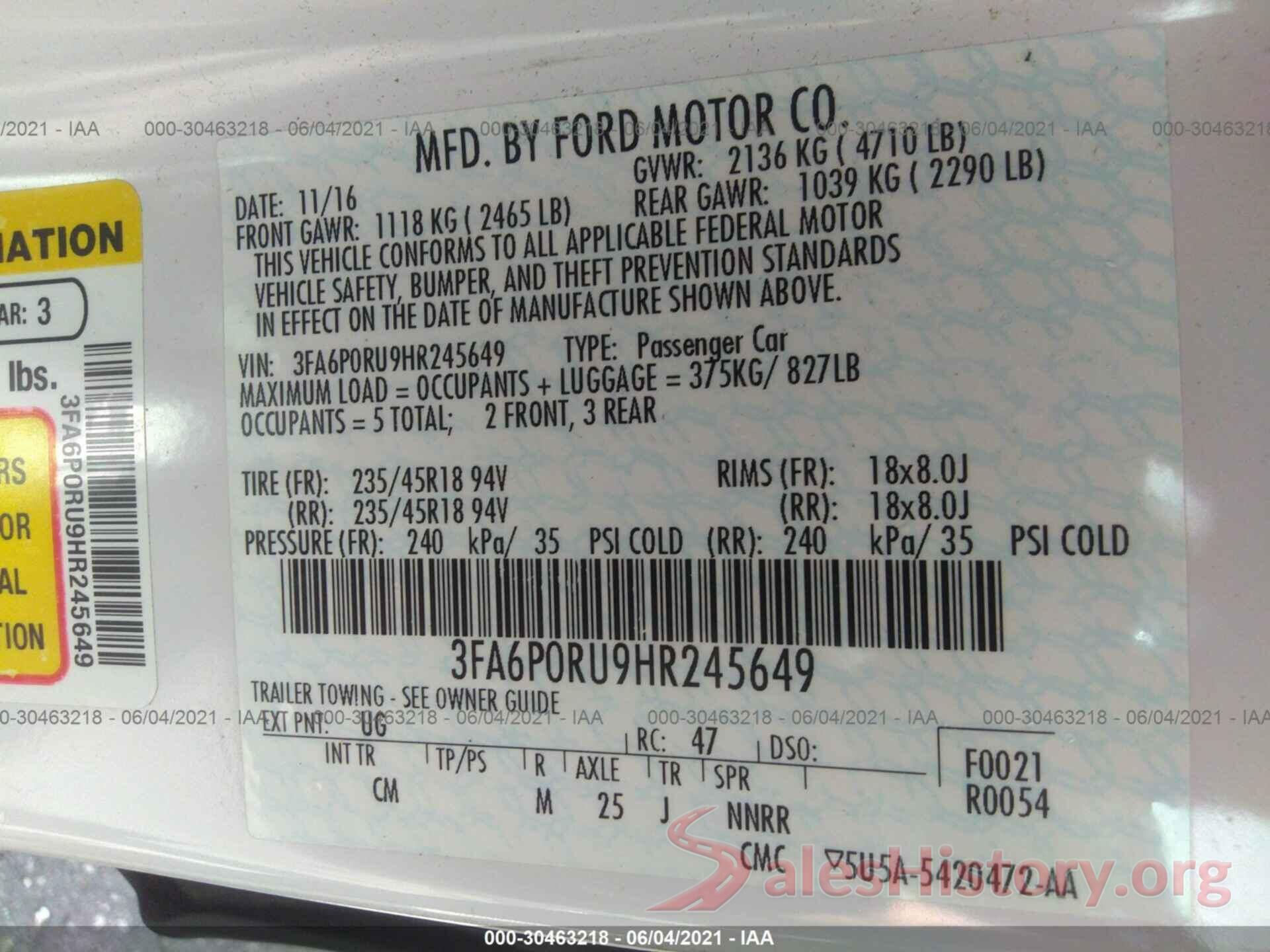 3FA6P0RU9HR245649 2017 FORD FUSION