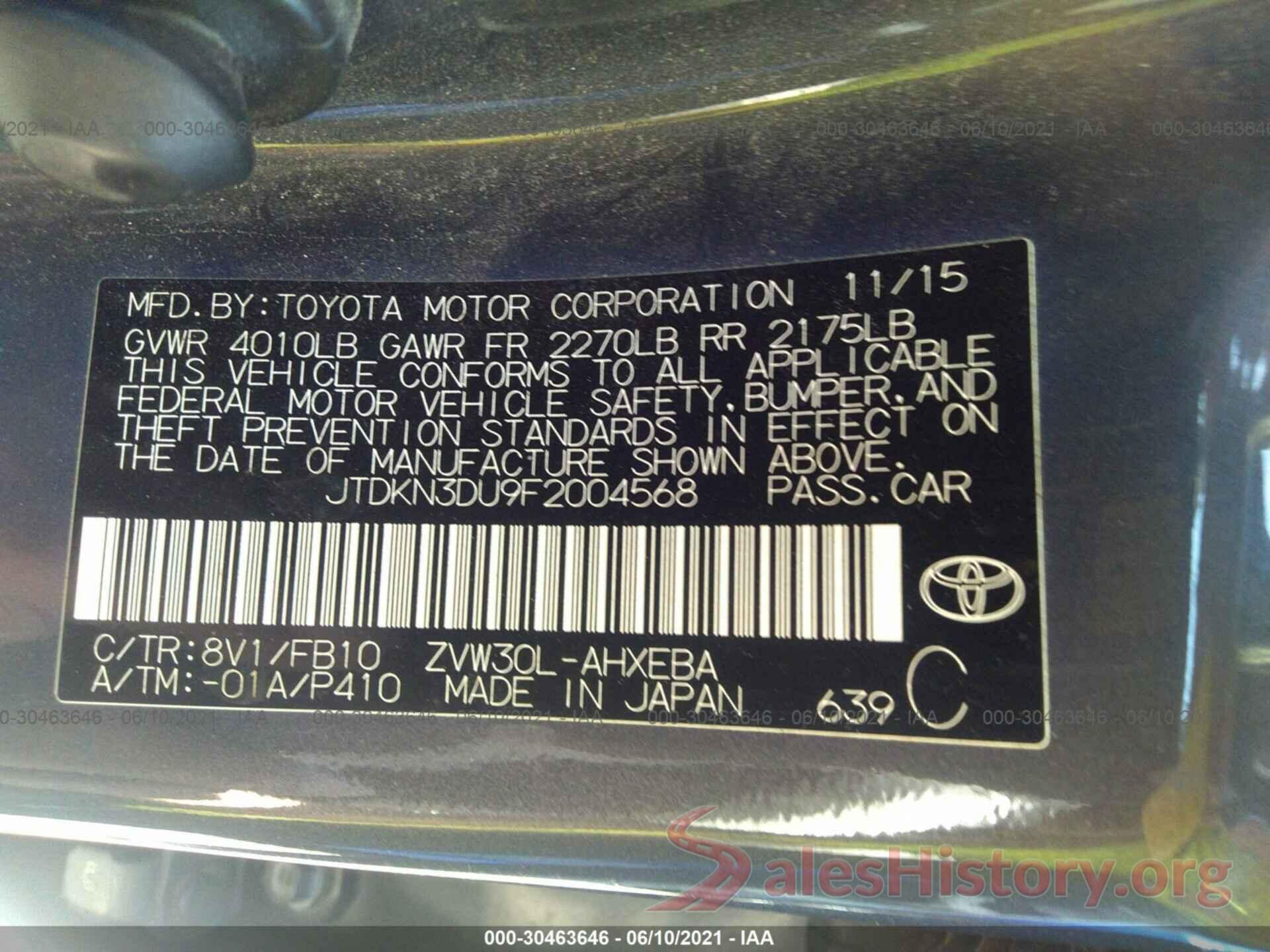 JTDKN3DU9F2004568 2015 TOYOTA PRIUS