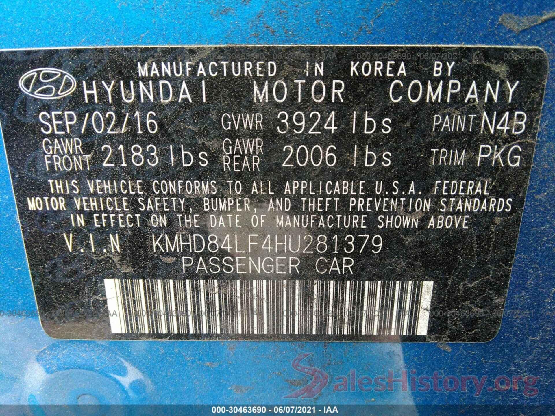 KMHD84LF4HU281379 2017 HYUNDAI ELANTRA