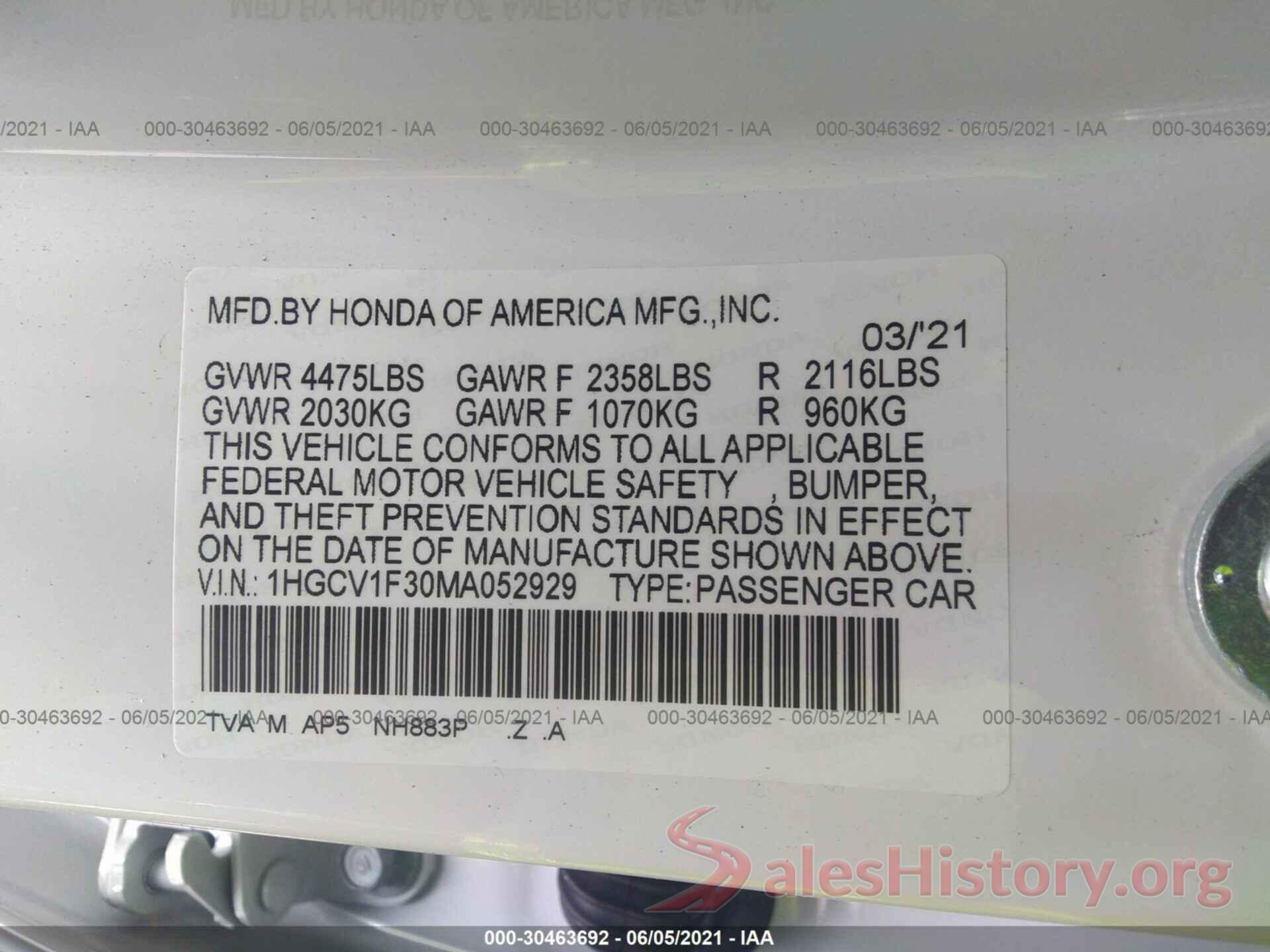 1HGCV1F30MA052929 2021 HONDA ACCORD SEDAN