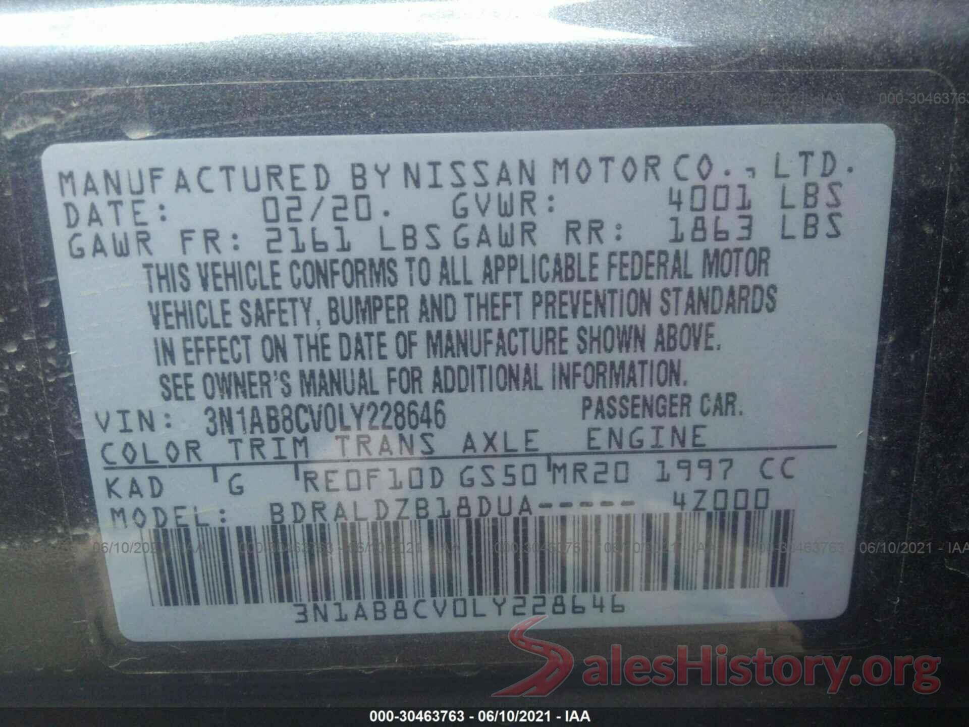 3N1AB8CV0LY228646 2020 NISSAN SENTRA