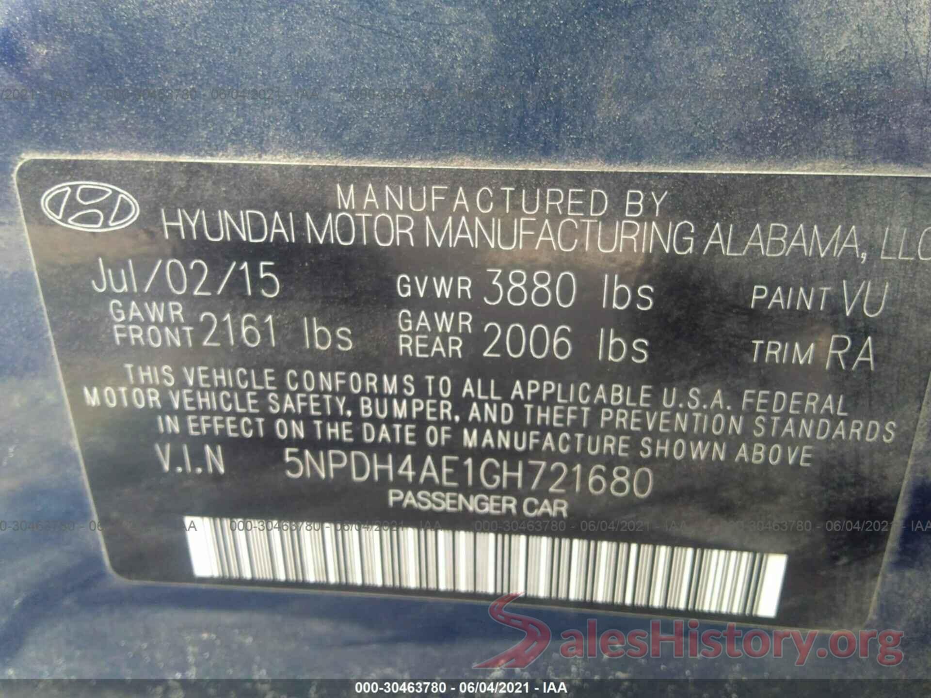 5NPDH4AE1GH721680 2016 HYUNDAI ELANTRA