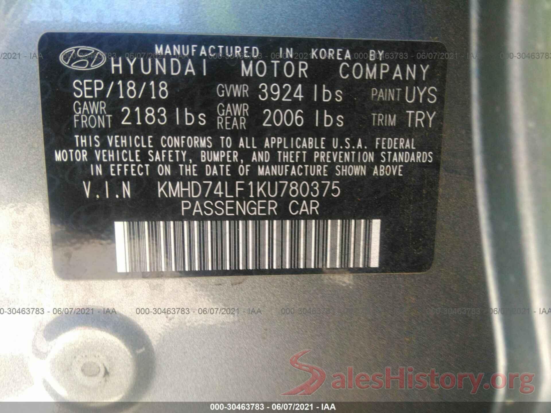 KMHD74LF1KU780375 2019 HYUNDAI ELANTRA