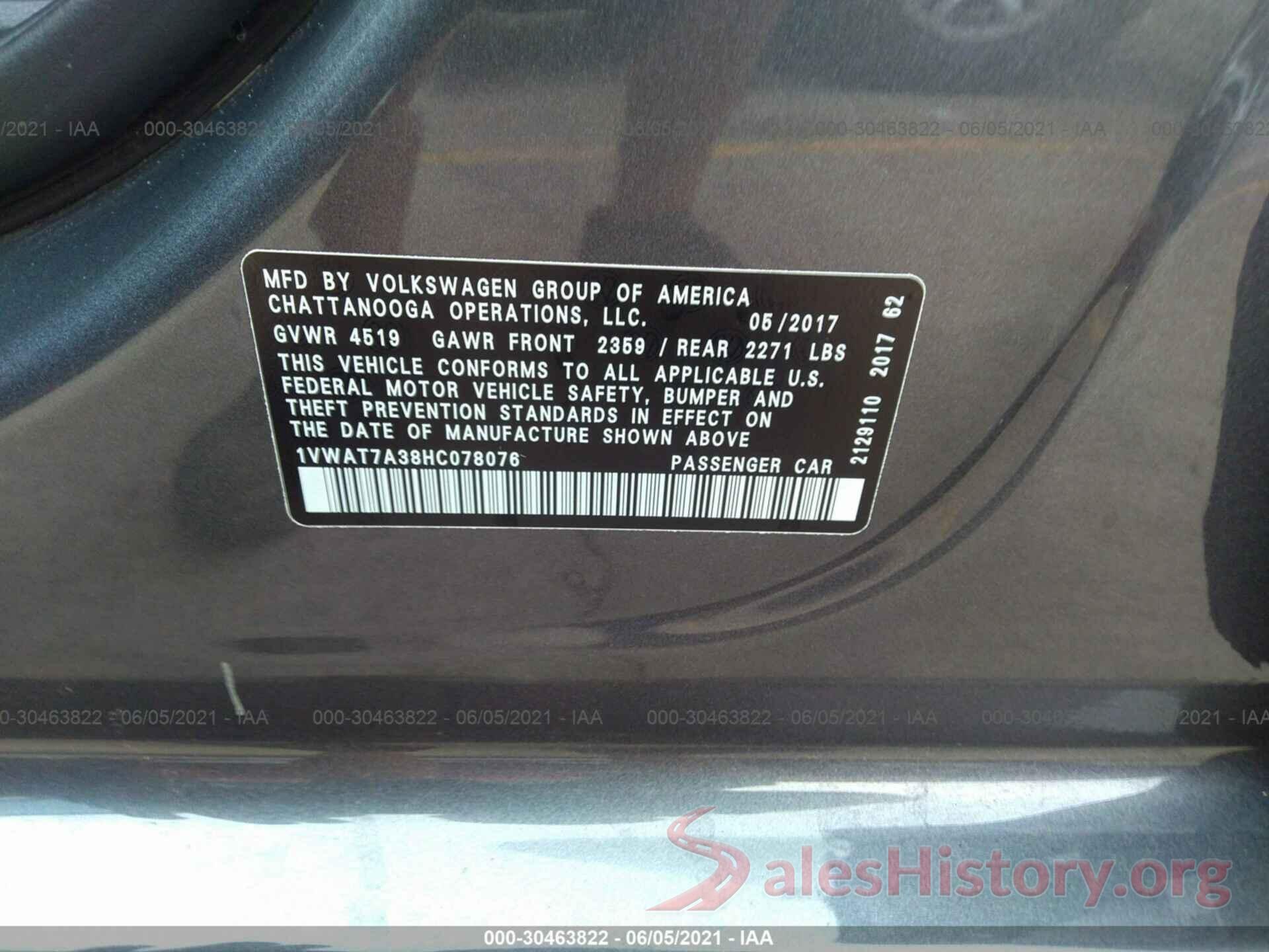 1VWAT7A38HC078076 2017 VOLKSWAGEN PASSAT