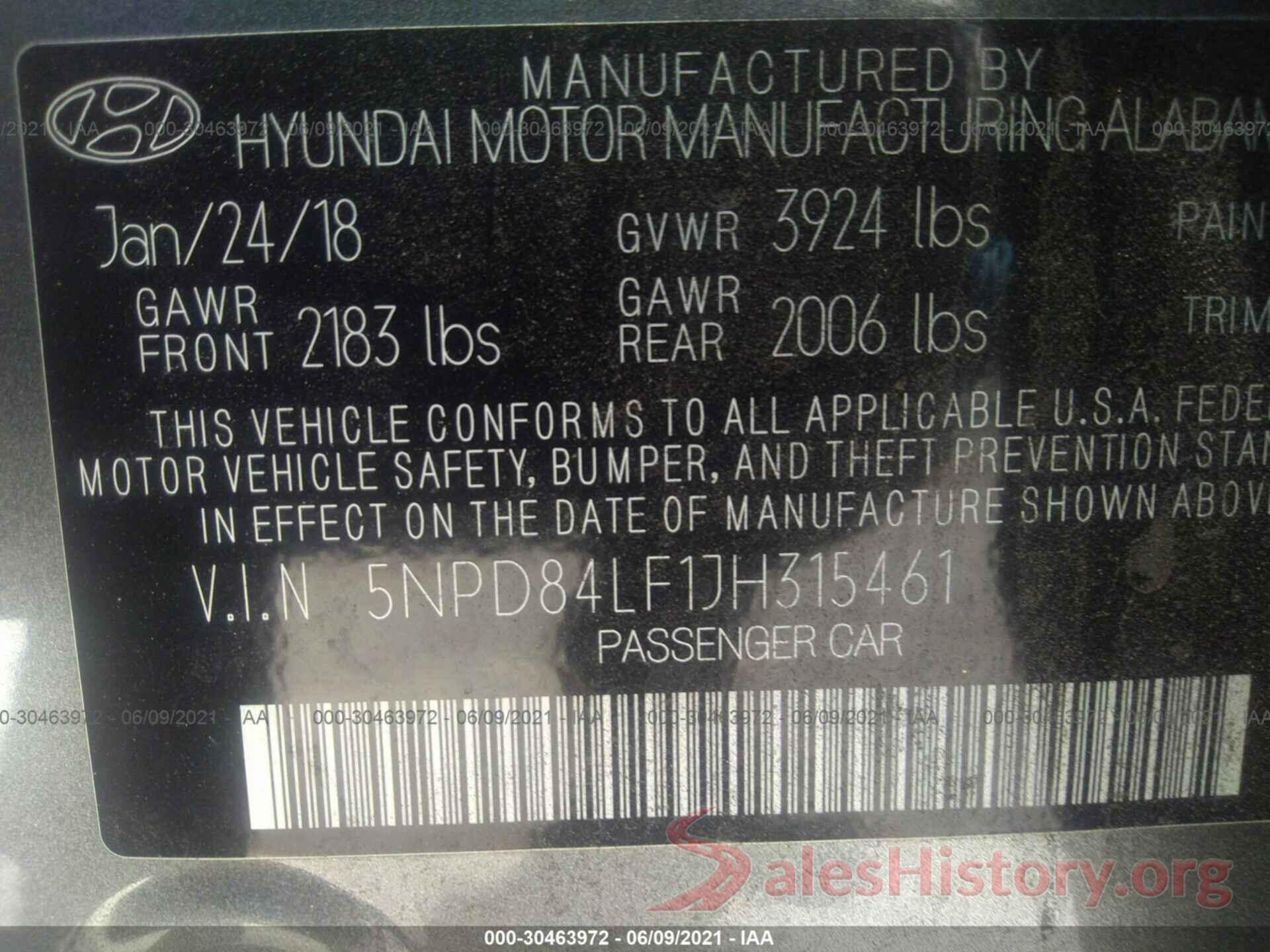 5NPD84LF1JH315461 2018 HYUNDAI ELANTRA