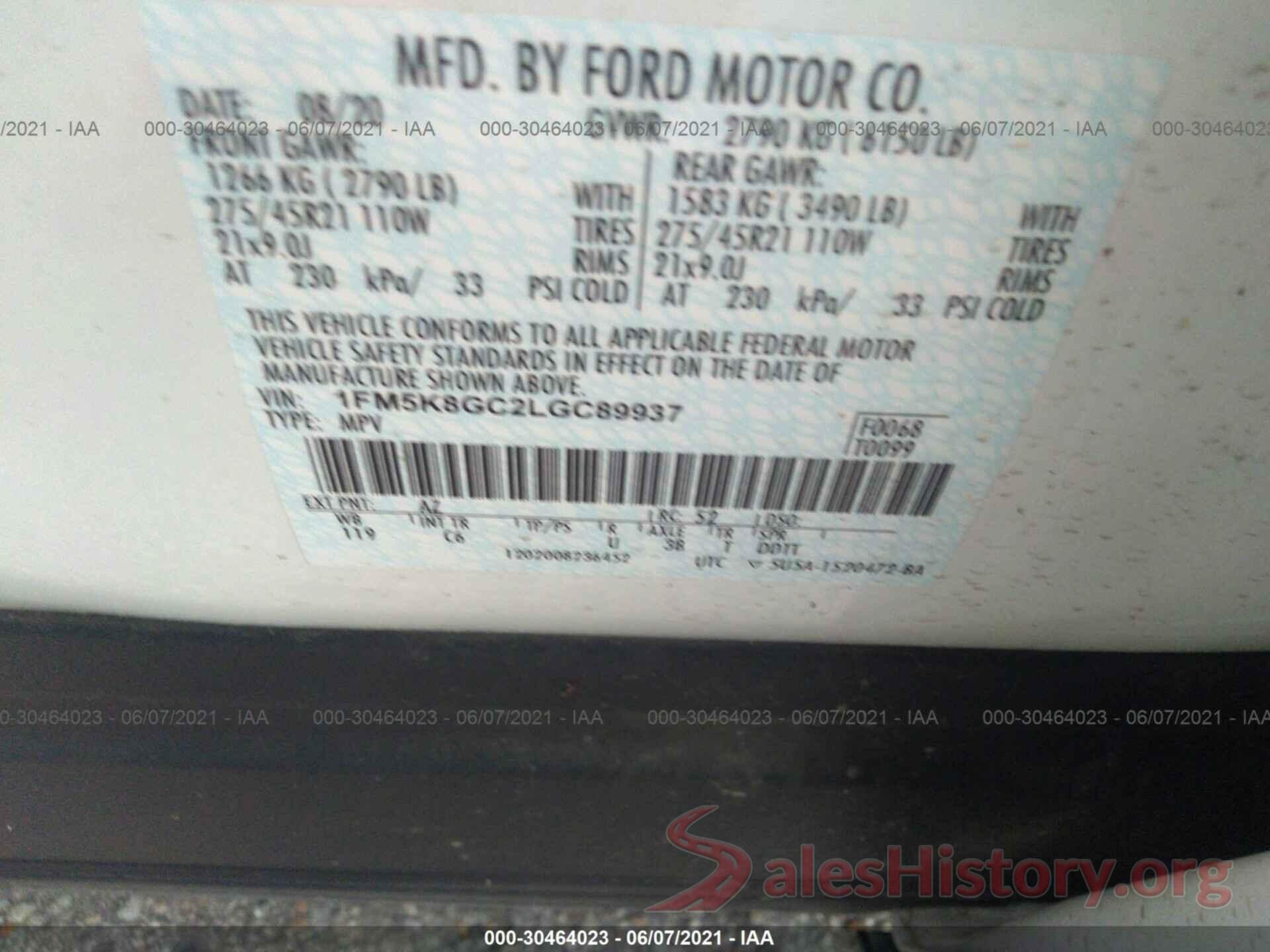 1FM5K8GC2LGC89937 2020 FORD EXPLORER