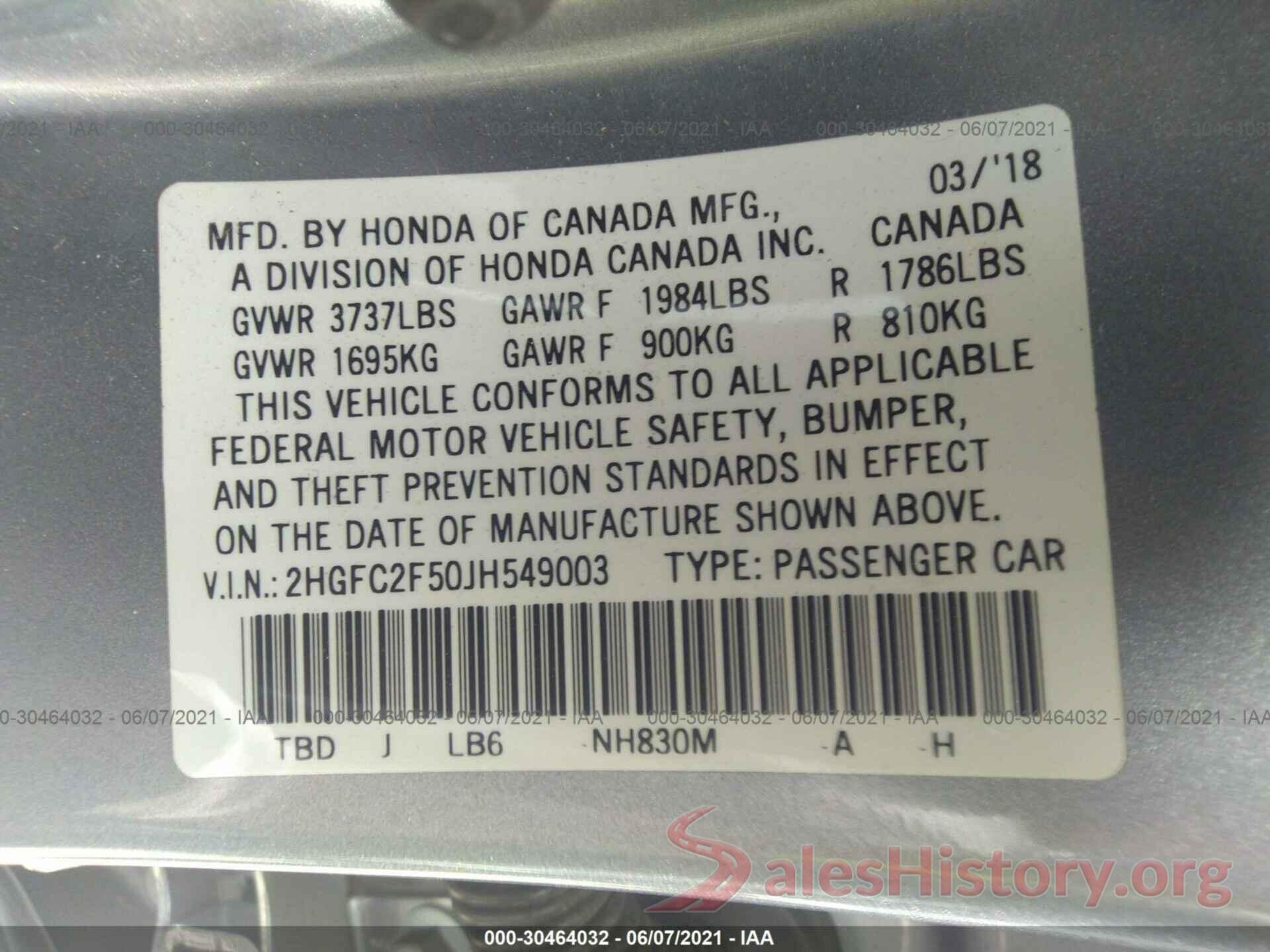 2HGFC2F50JH549003 2018 HONDA CIVIC SEDAN