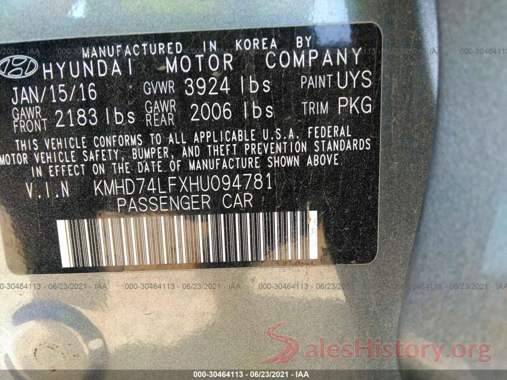 KMHD74LFXHU094781 2017 HYUNDAI ELANTRA