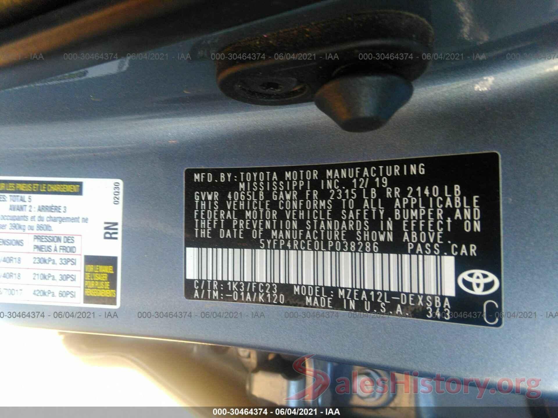 5YFP4RCE0LP038286 2020 TOYOTA COROLLA