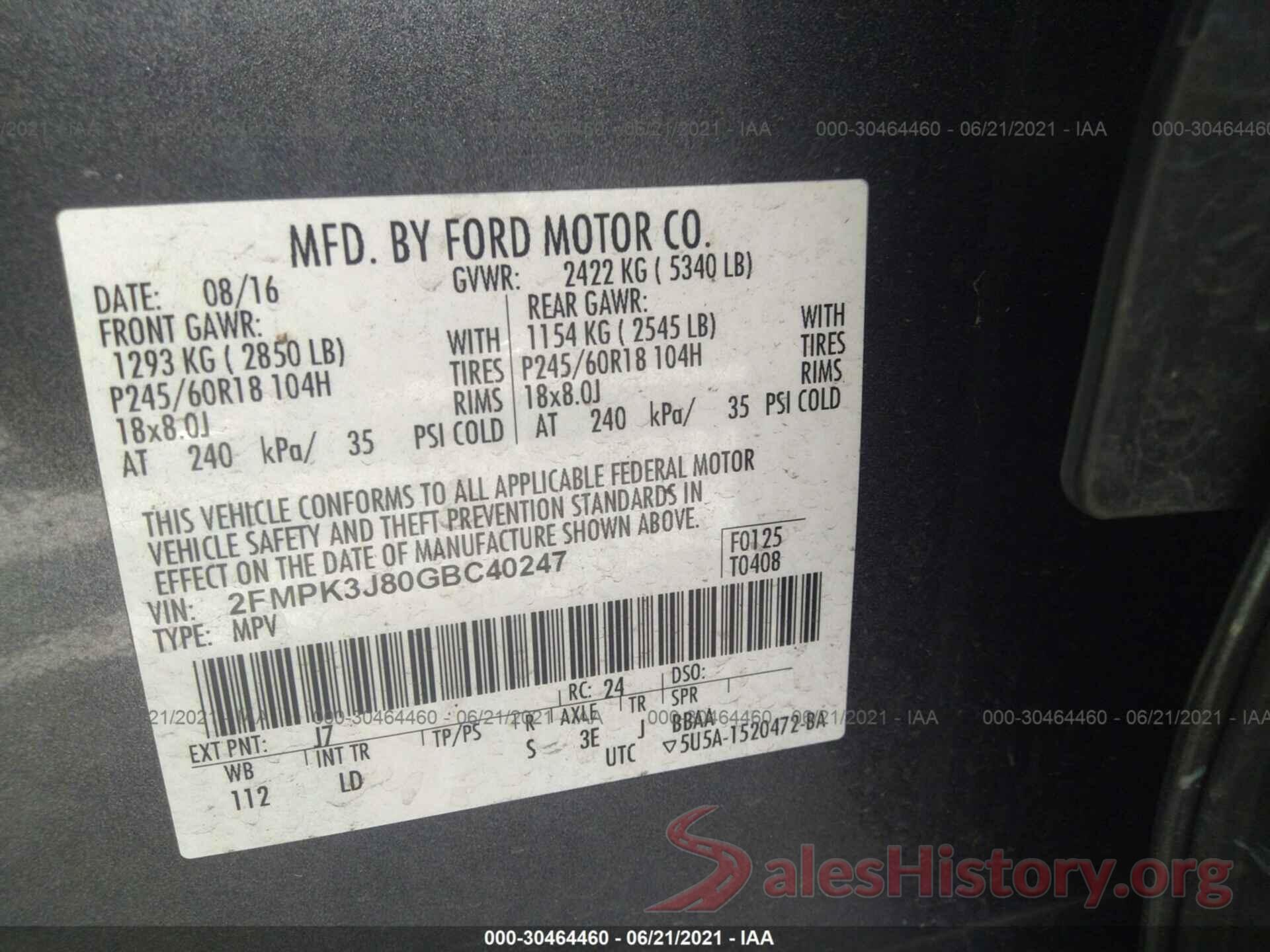 2FMPK3J80GBC40247 2016 FORD EDGE