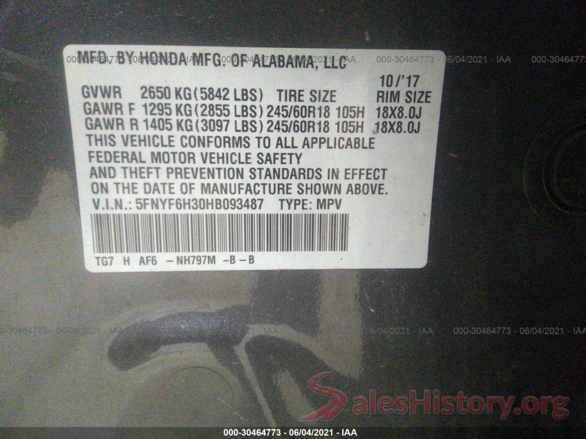 5FNYF6H30HB093487 2017 HONDA PILOT