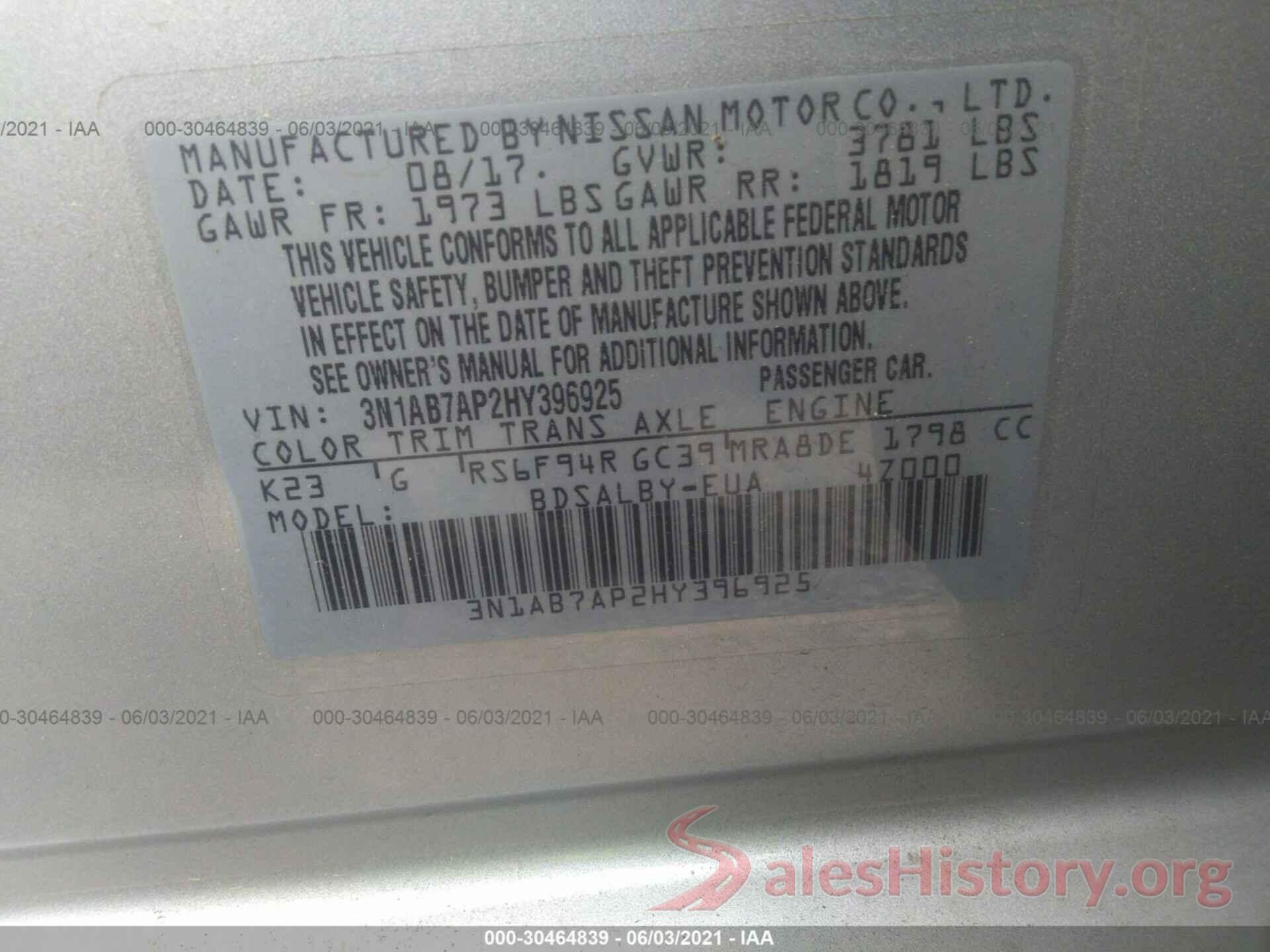 3N1AB7AP2HY396925 2017 NISSAN SENTRA