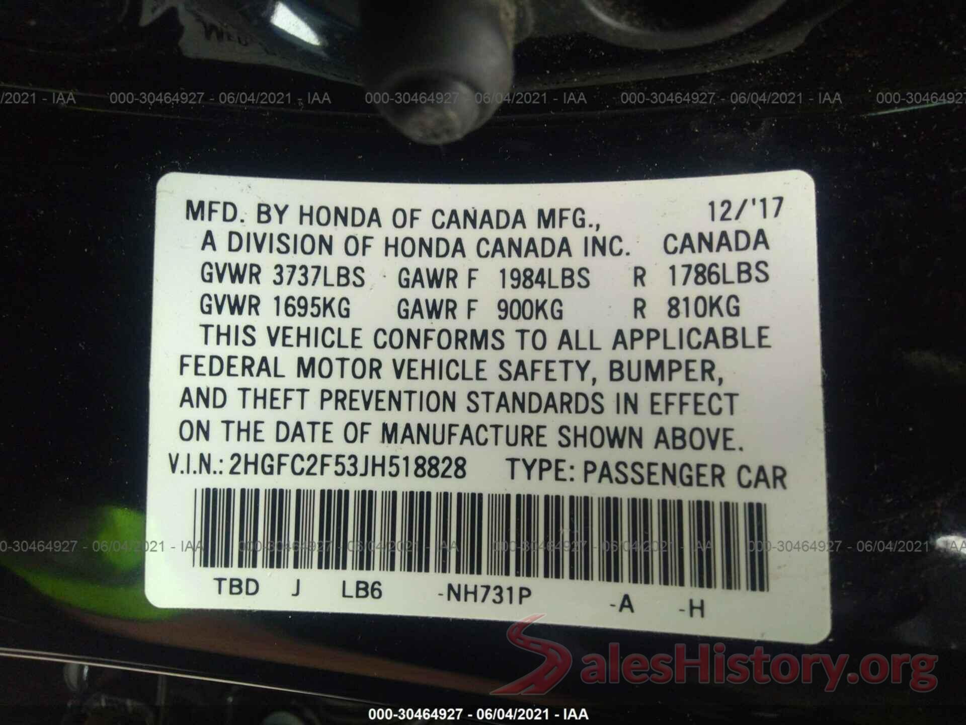 2HGFC2F53JH518828 2018 HONDA CIVIC SEDAN