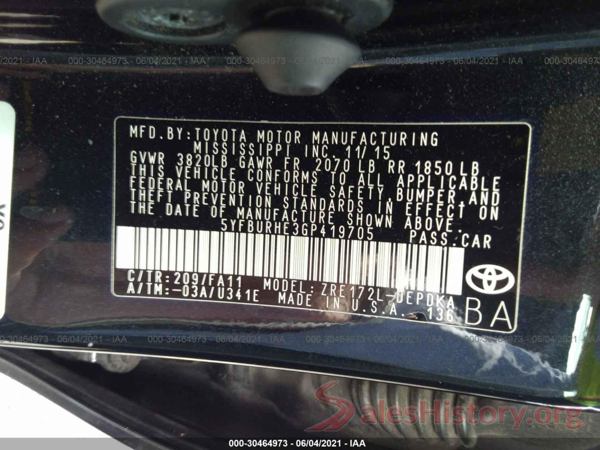 5YFBURHE3GP419705 2016 TOYOTA COROLLA