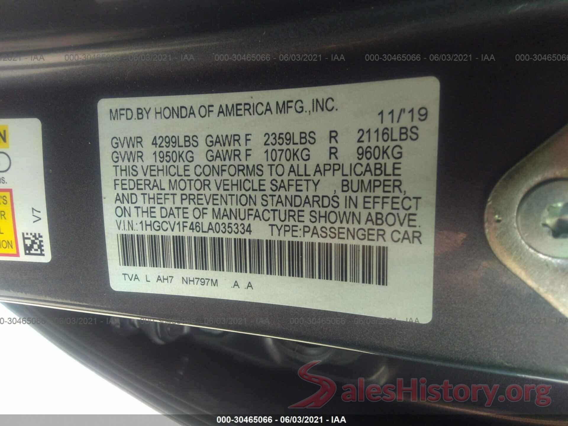 1HGCV1F46LA035334 2020 HONDA ACCORD SEDAN