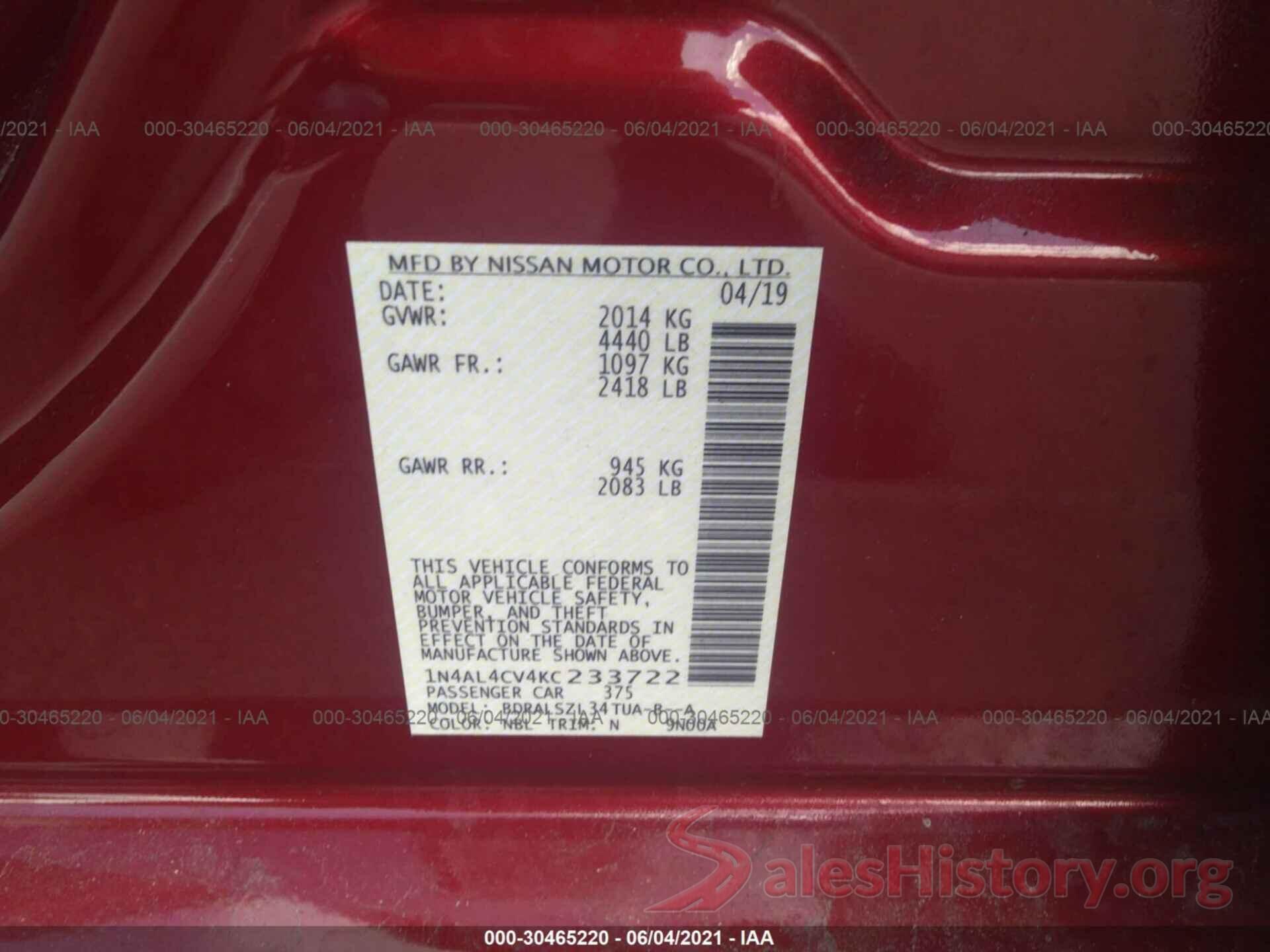 1N4AL4CV4KC233722 2019 NISSAN ALTIMA