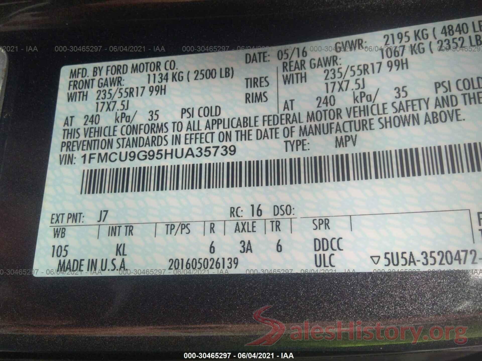 1FMCU9G95HUA35739 2017 FORD ESCAPE