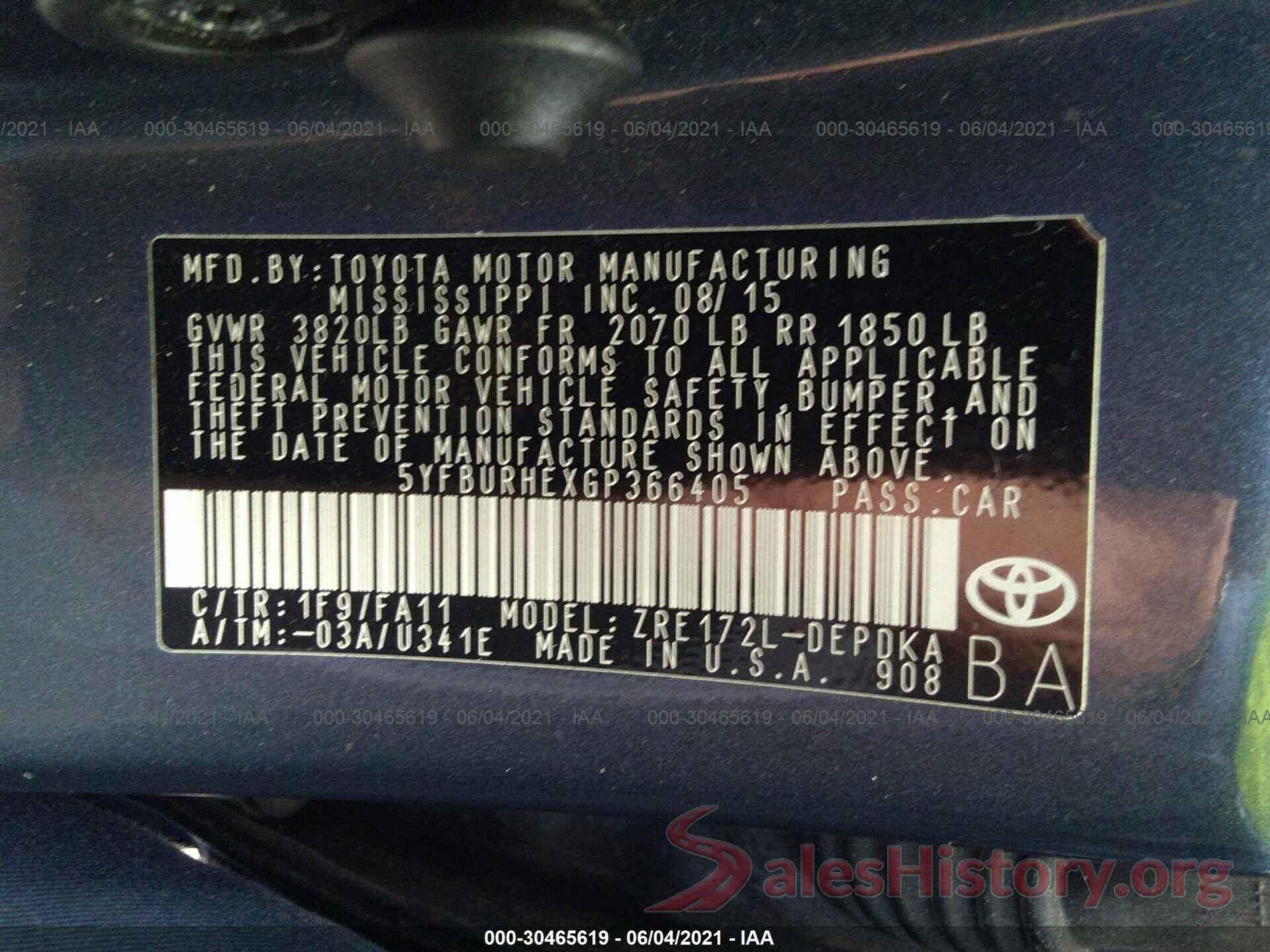 5YFBURHEXGP366405 2016 TOYOTA COROLLA