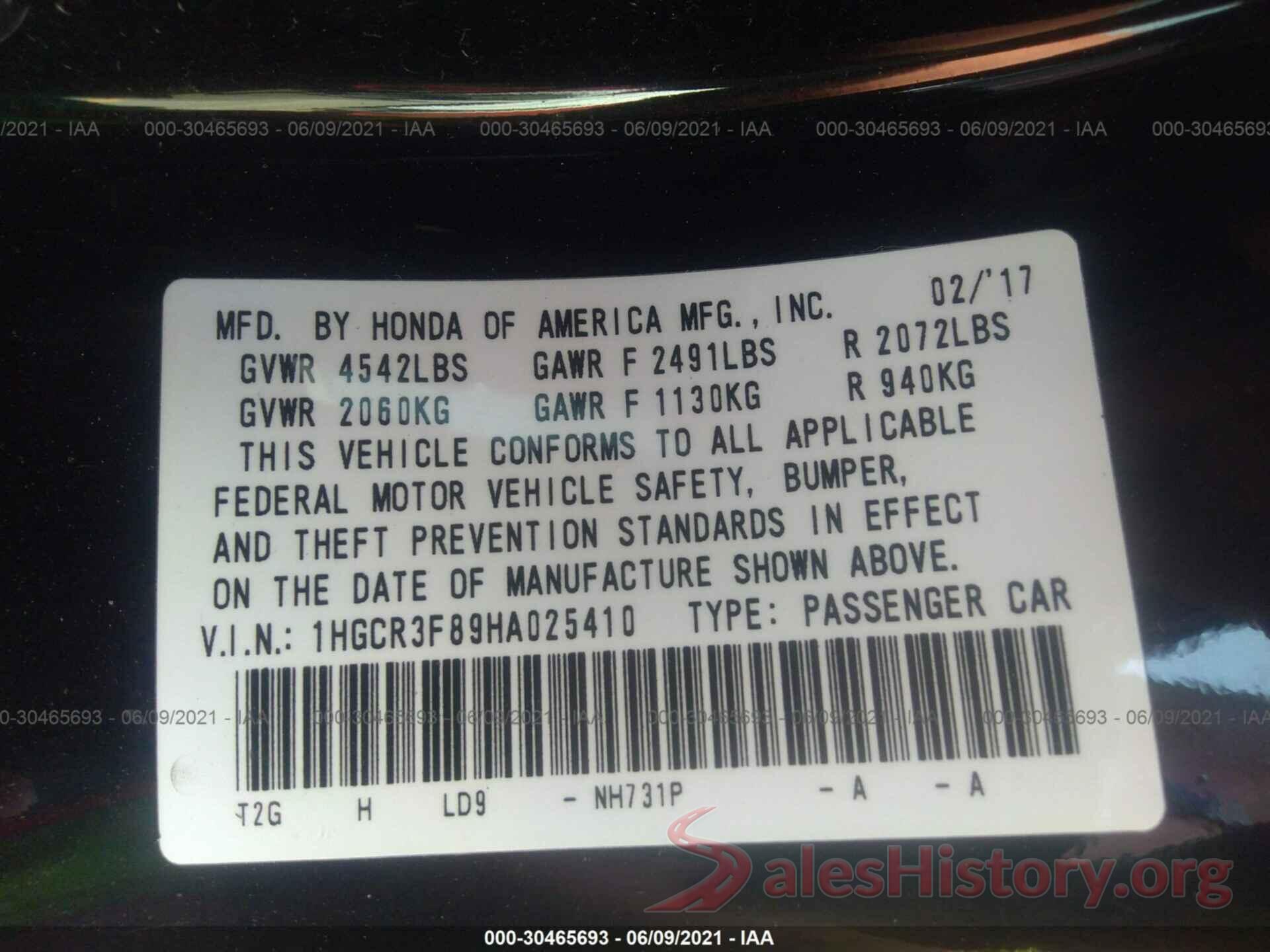 1HGCR3F89HA025410 2017 HONDA ACCORD SEDAN